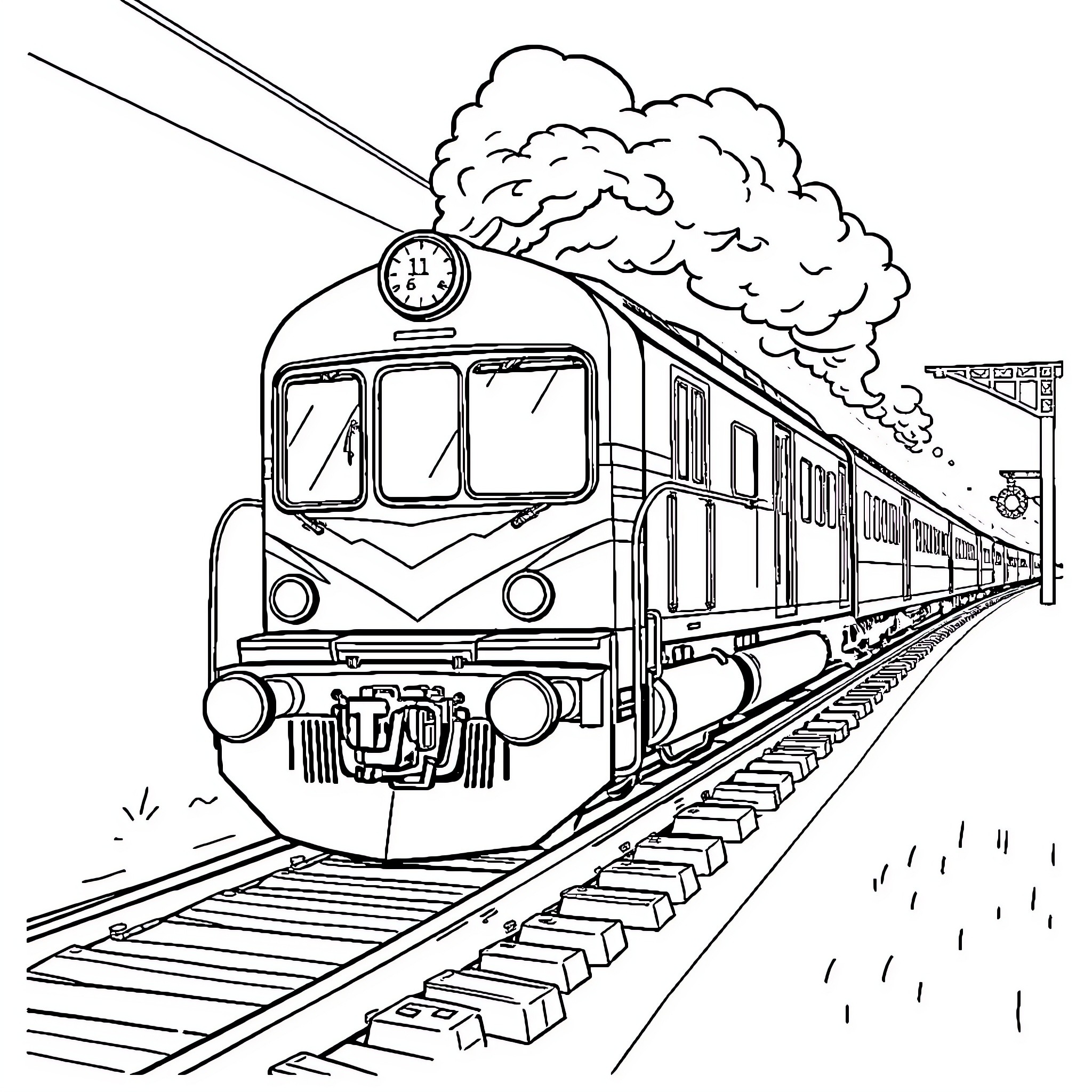Train speeding down the tracks Coloring Page (free black-and-white line drawing printable PDF for all, from beginners to advanced learners, including children, teens, adults, and seniors)