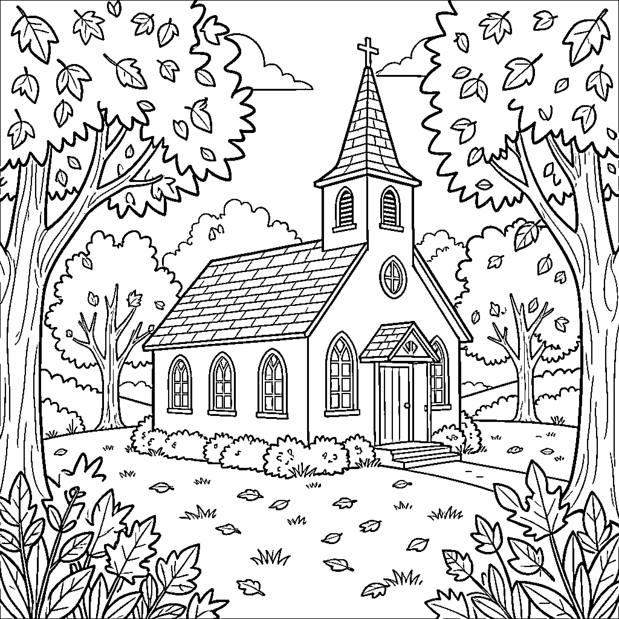 Church nestled in an autumnal forest landscape Coloring Page (free black-and-white line drawing printable PDF for all, from beginners to advanced learners, including children, teens, adults, and seniors)