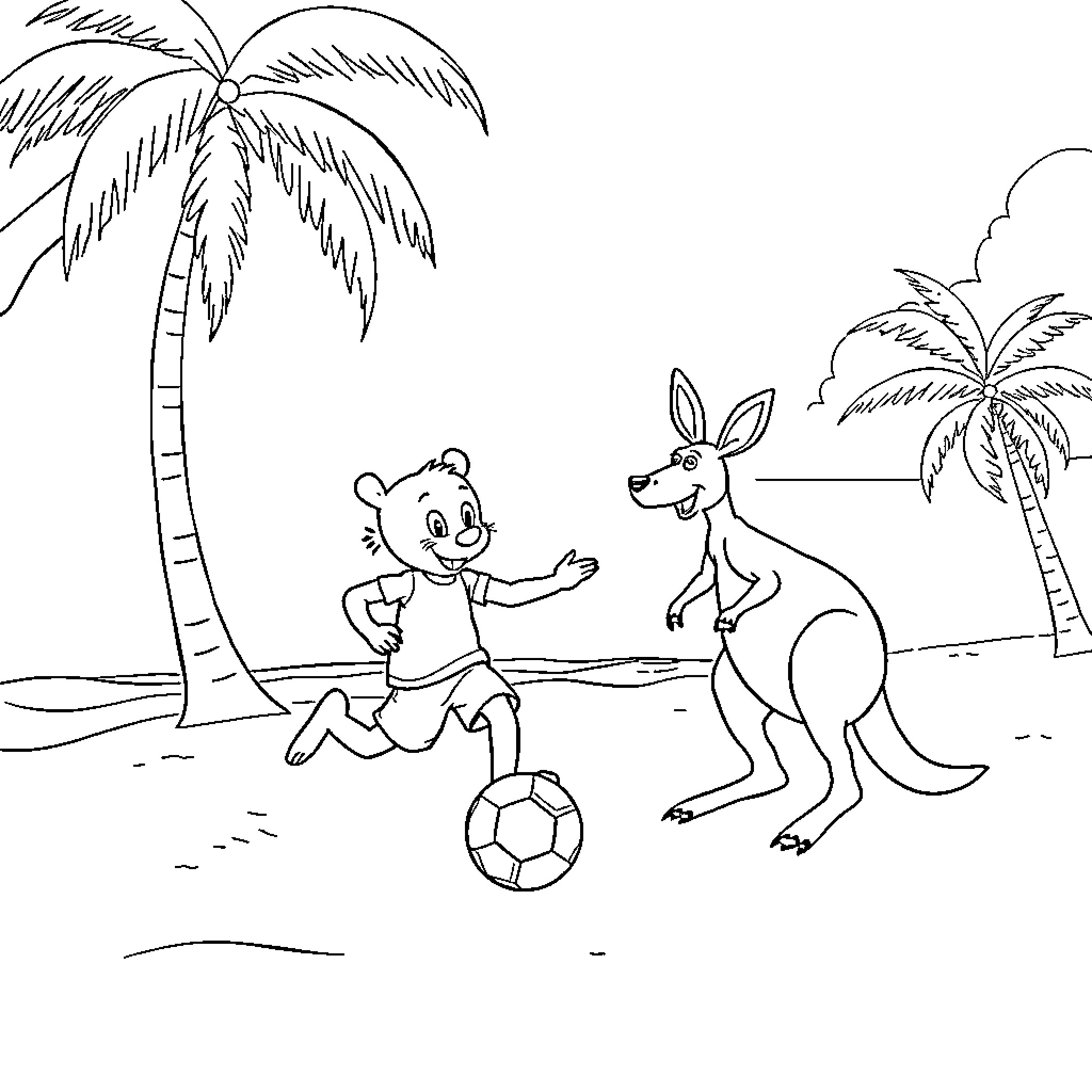 Bluey playing soccer with a kangaroo by the beach Coloring Page (free black-and-white line drawing printable PDF for all, from beginners to advanced learners, including children, teens, adults, and seniors)