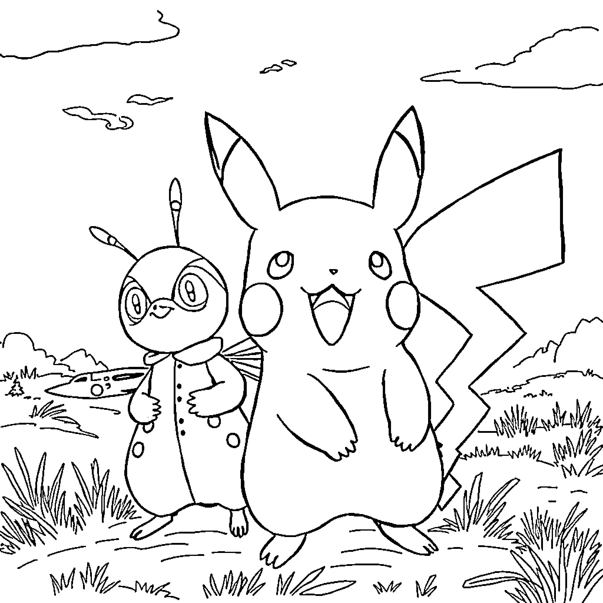 Pikachu and Pokémon companion in outdoor scene Coloring Page (free black-and-white line drawing printable PDF for all, from beginners to advanced learners, including children, teens, adults, and seniors)