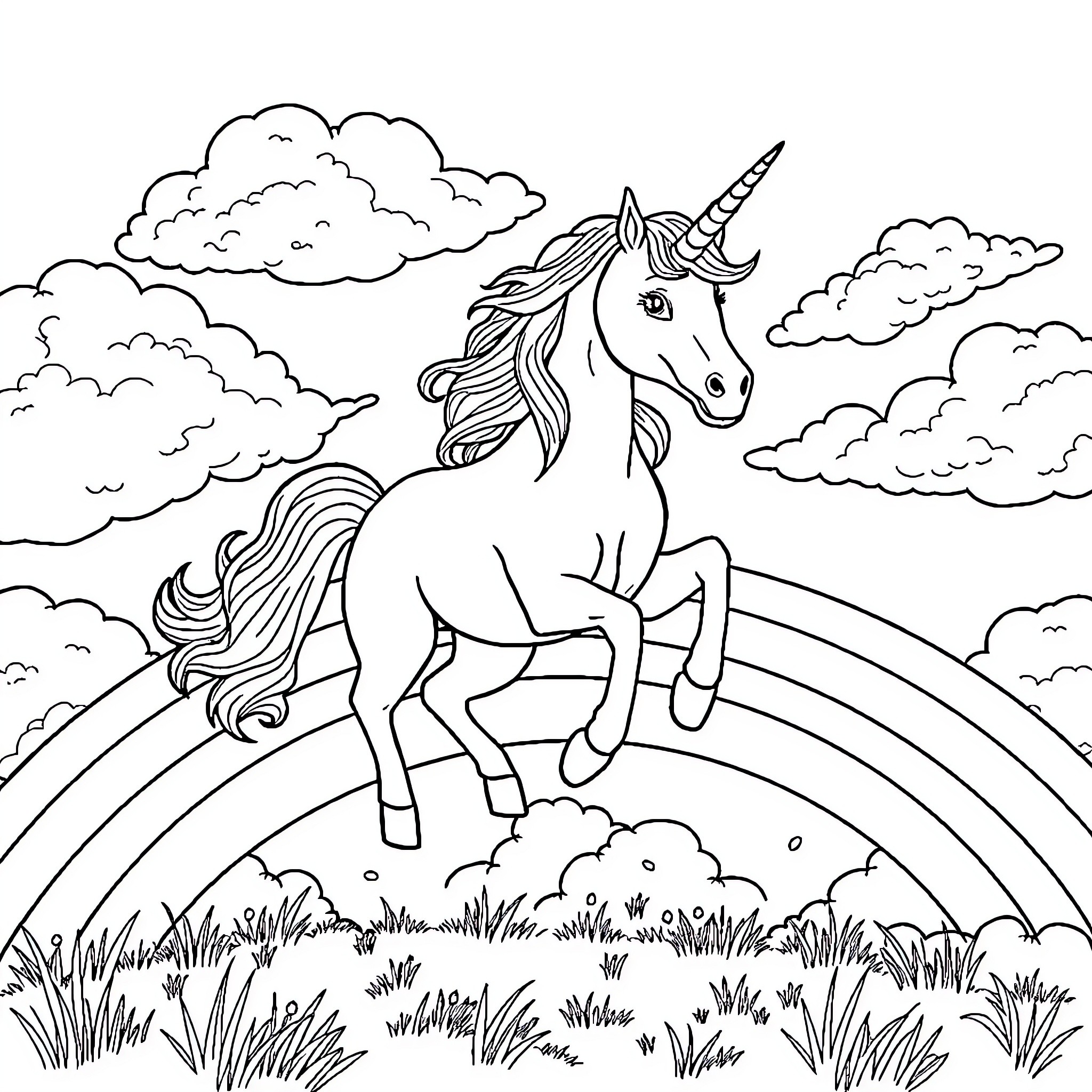 Unicorn galloping across a magical landscape Coloring Page (free black-and-white line drawing printable PDF for all, from beginners to advanced learners, including children, teens, adults, and seniors)