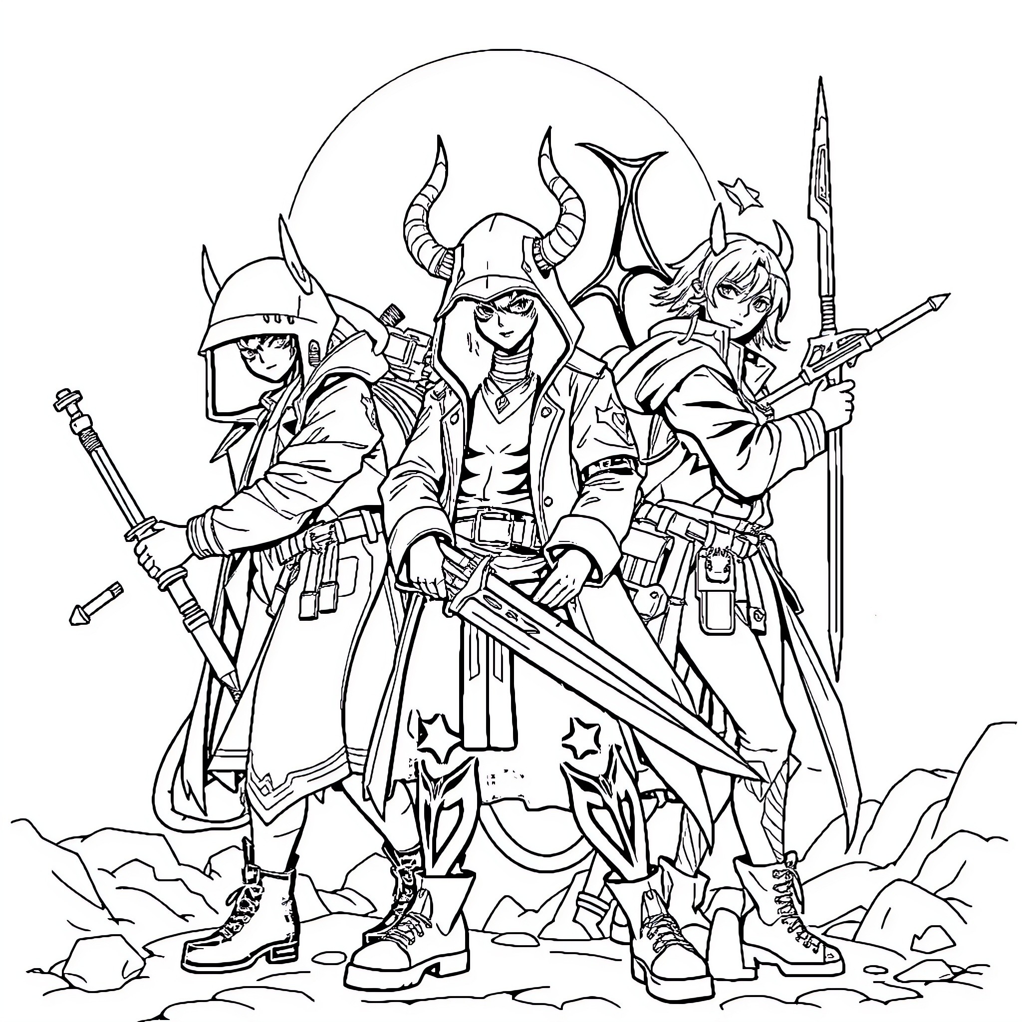 Demon Hunter Squad in Action Coloring Page (free black-and-white line drawing printable PDF for all, from beginners to advanced learners, including children, teens, adults, and seniors)