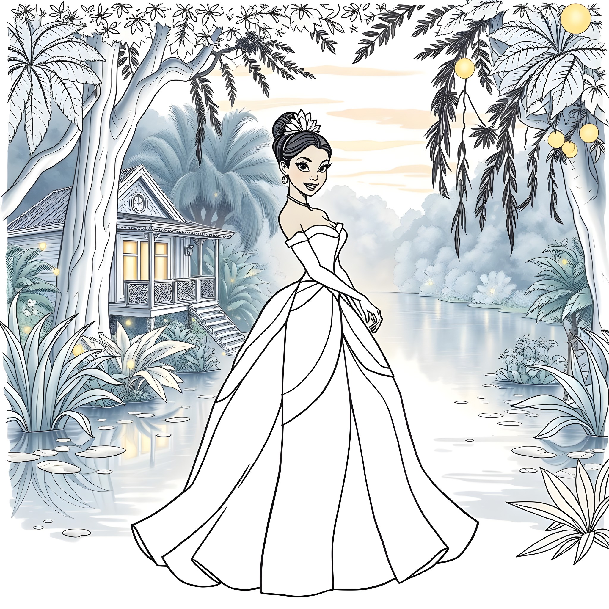 Tiana exploring the magical swampland in her elegant gown Coloring Page (free black-and-white line drawing printable PDF for all, from beginners to advanced learners, including children, teens, adults, and seniors)