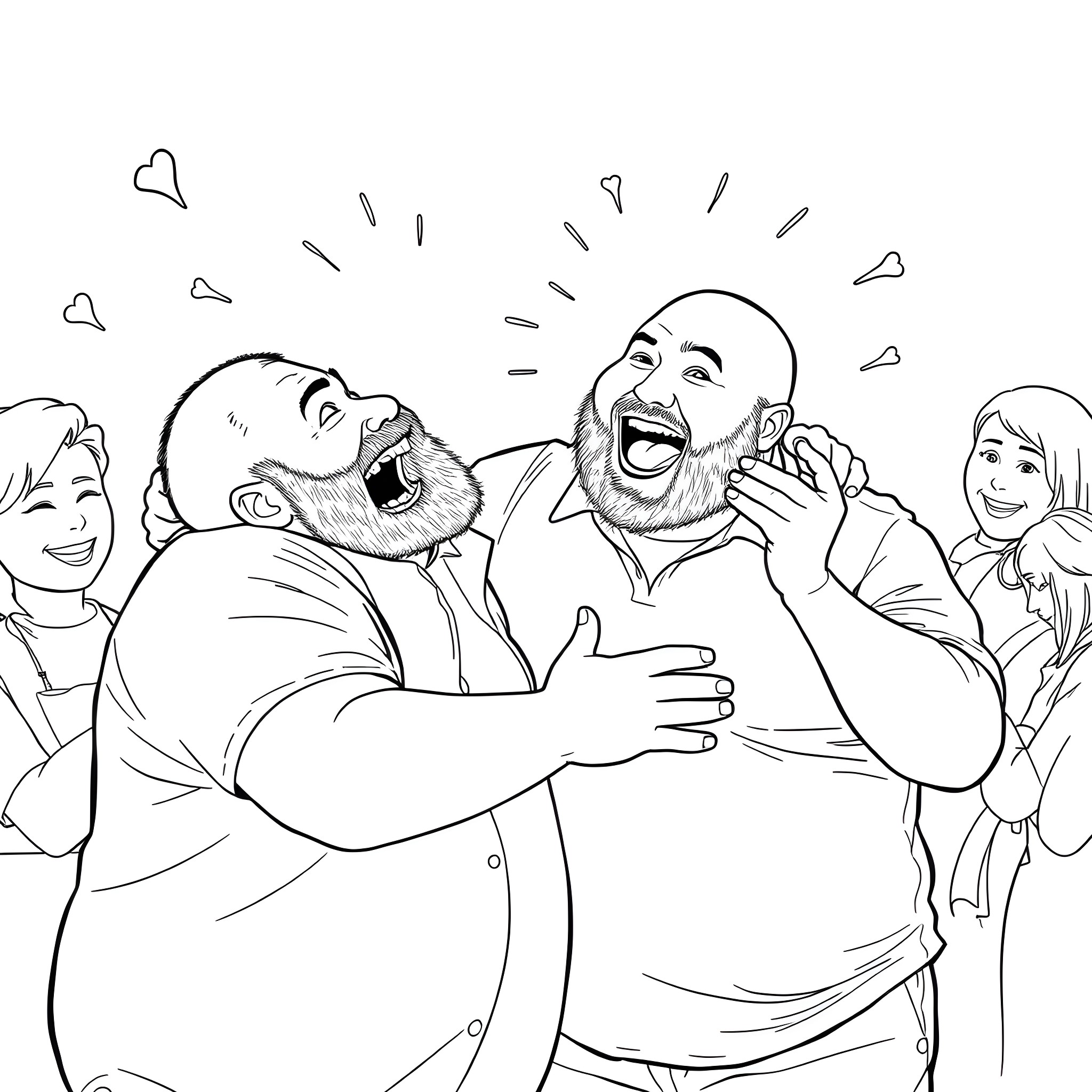 Tom Segura laughing with friends in a lively group photo Coloring Page (free black-and-white line drawing printable PDF for all, from beginners to advanced learners, including children, teens, adults, and seniors)