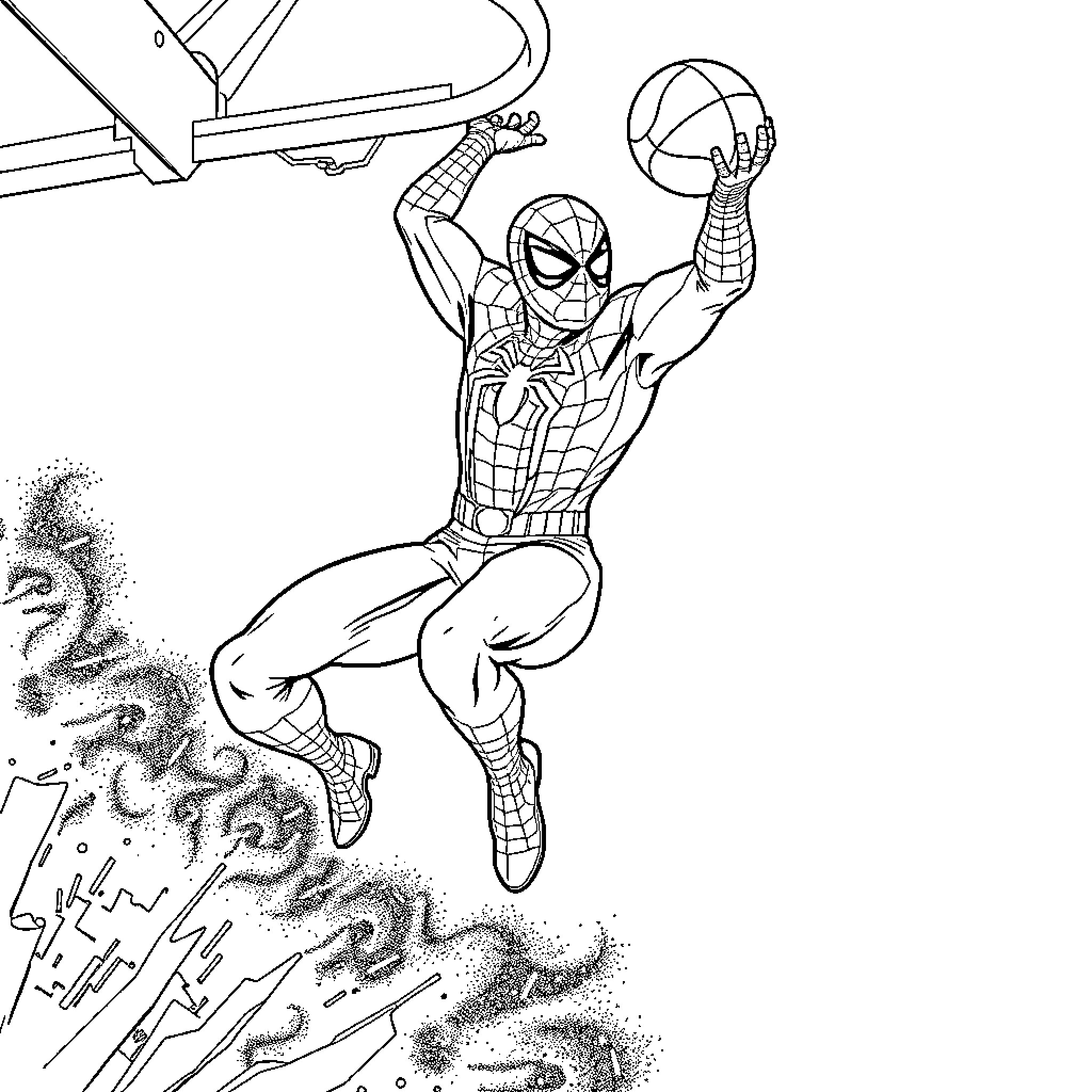 Spider-Man web-slinging through the city Coloring Page (free black-and-white line drawing printable PDF for all, from beginners to advanced learners, including children, teens, adults, and seniors)