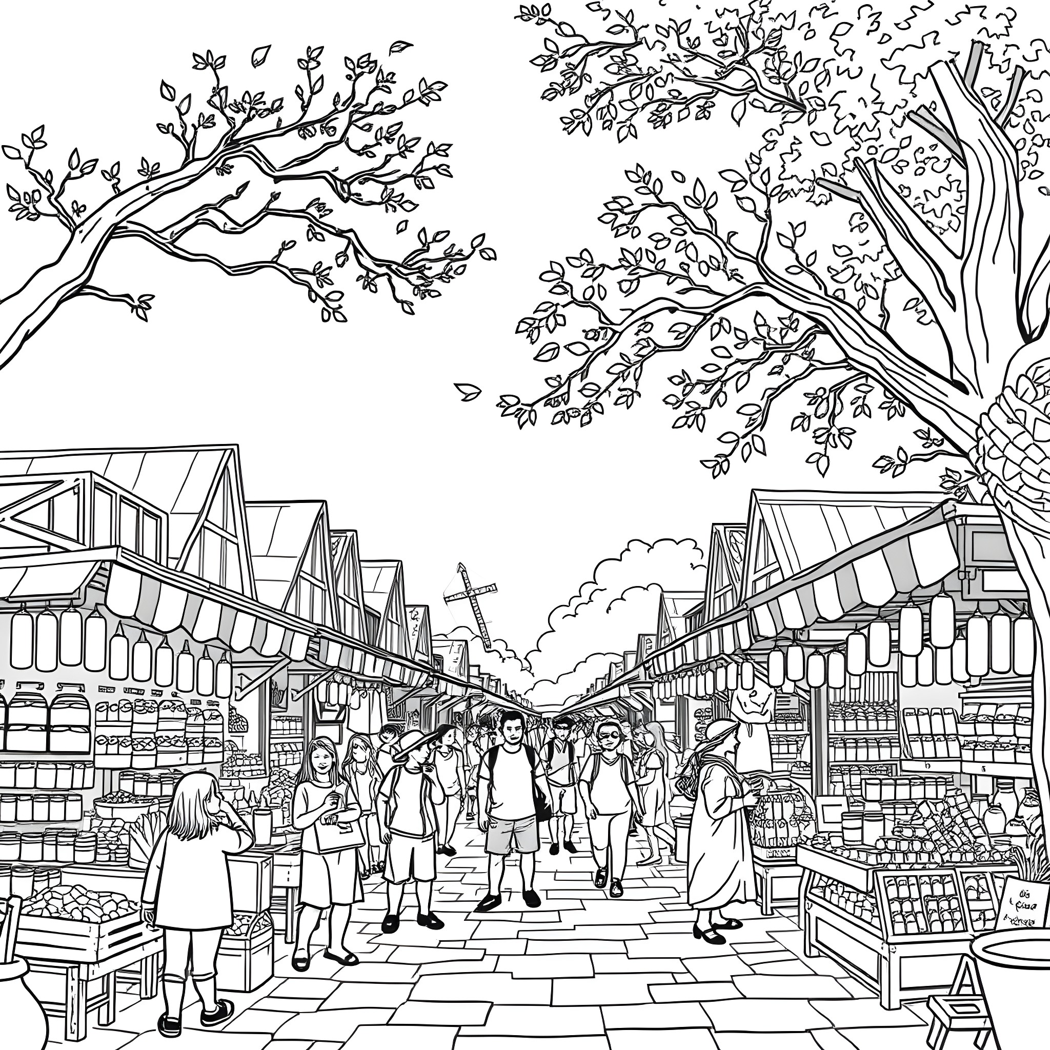 Scene of a bustling outdoor market with people and trees Coloring Page (free black-and-white line drawing printable PDF for all, from beginners to advanced learners, including children, teens, adults, and seniors)