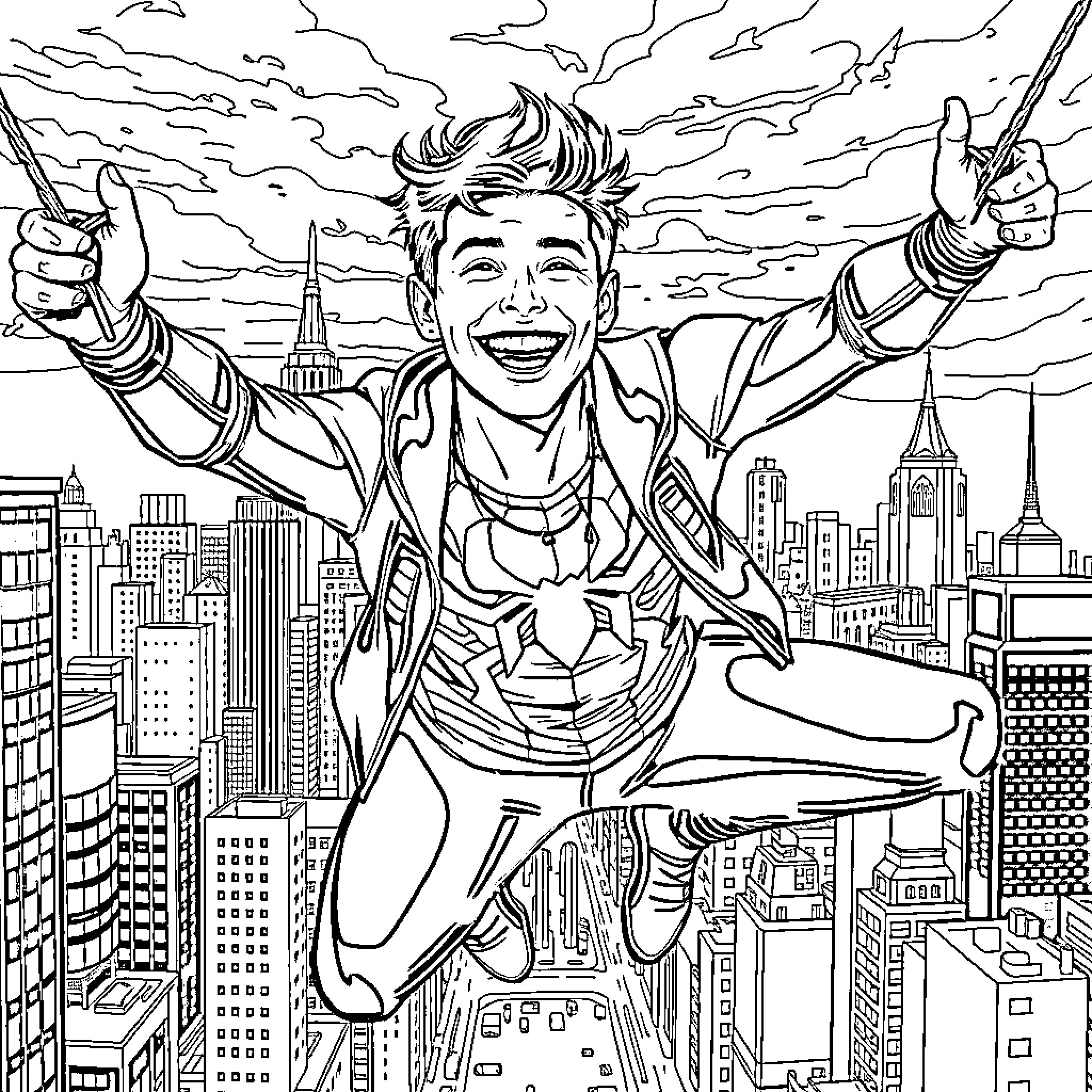 Tyler Joseph soaring through the cityscape with enthusiasm Coloring Page (free black-and-white line drawing printable PDF for all, from beginners to advanced learners, including children, teens, adults, and seniors)