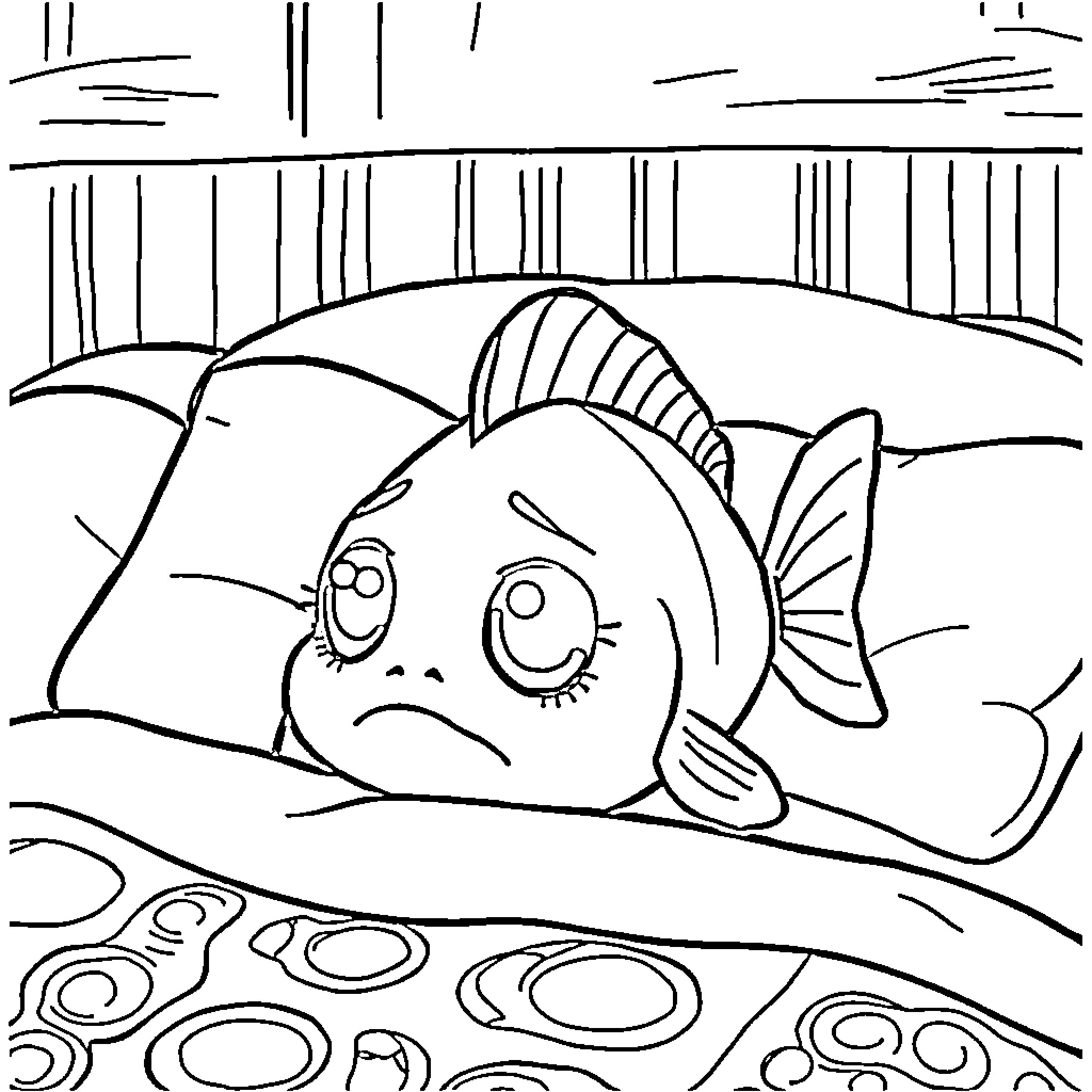 Fish feeling sad under the sea Coloring Page (free black-and-white line drawing printable PDF for all, from beginners to advanced learners, including children, teens, adults, and seniors)