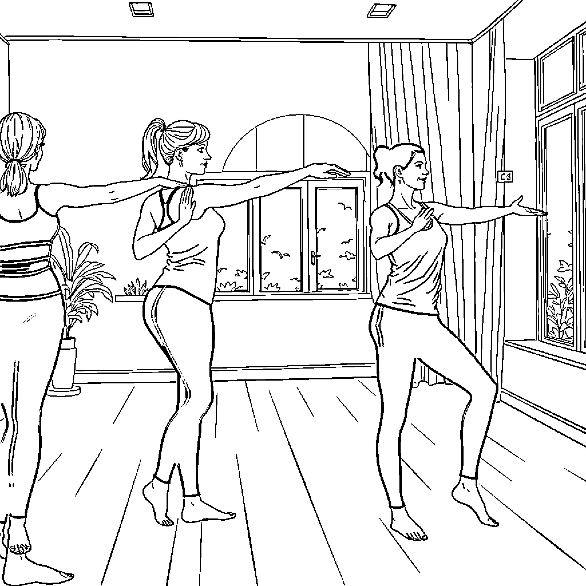 Pilates Instructor Leading Workout Session Coloring Page (free black-and-white line drawing printable PDF for all, from beginners to advanced learners, including children, teens, adults, and seniors)