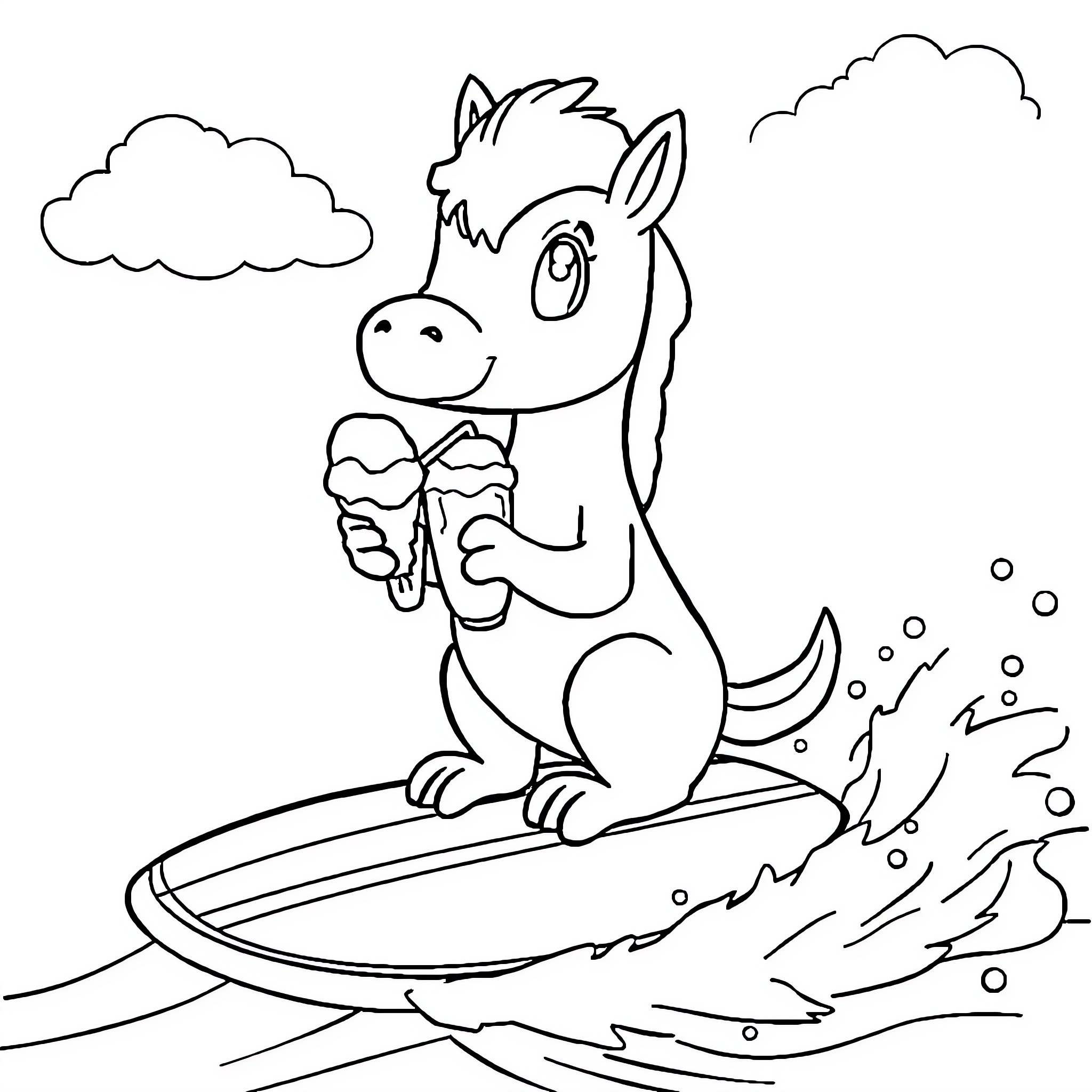 Dolphin surfing happily with ice cream Coloring Page (free black-and-white line drawing printable PDF for all, from beginners to advanced learners, including children, teens, adults, and seniors)