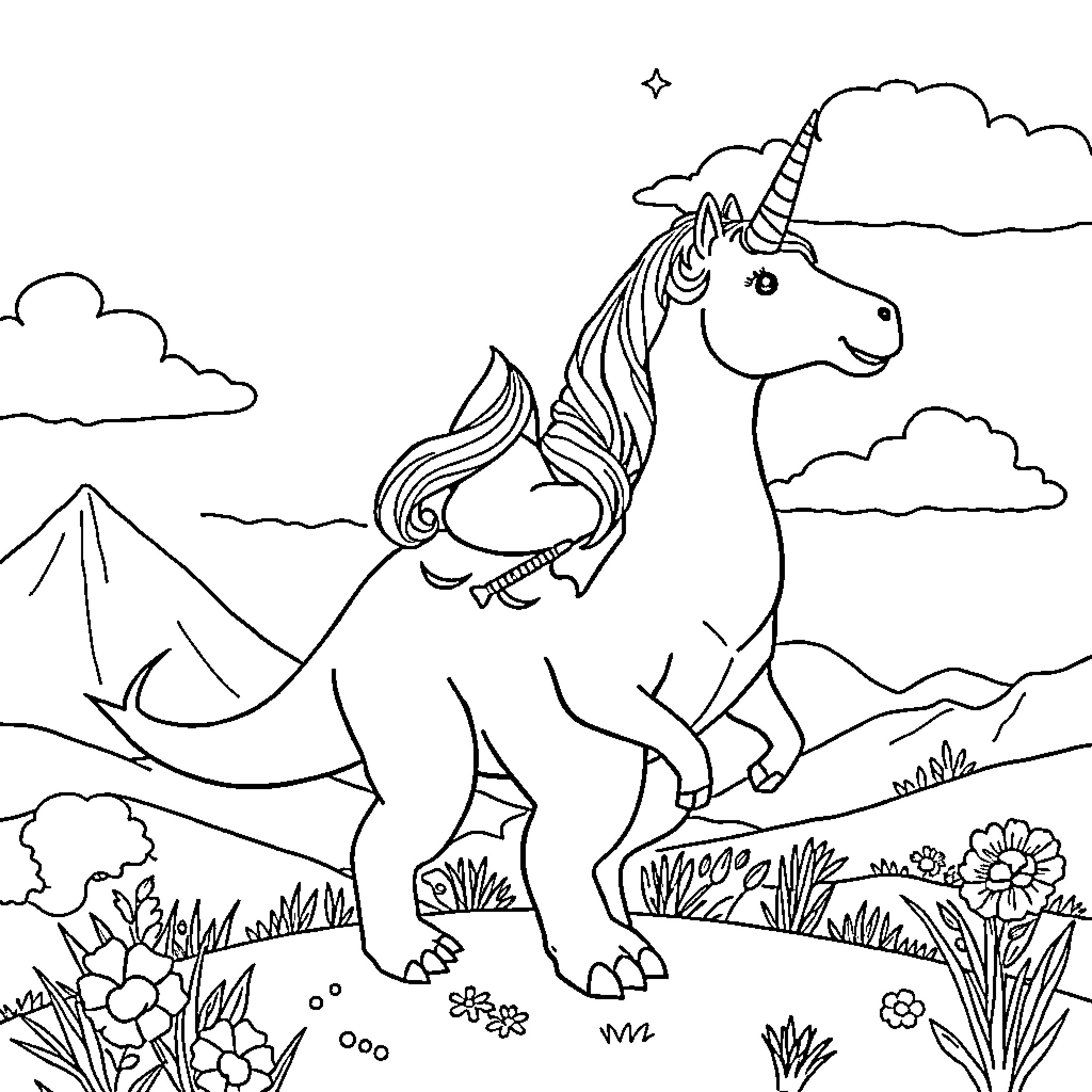 Unicorn exploring the enchanting landscape Coloring Page (free black-and-white line drawing printable PDF for all, from beginners to advanced learners, including children, teens, adults, and seniors)