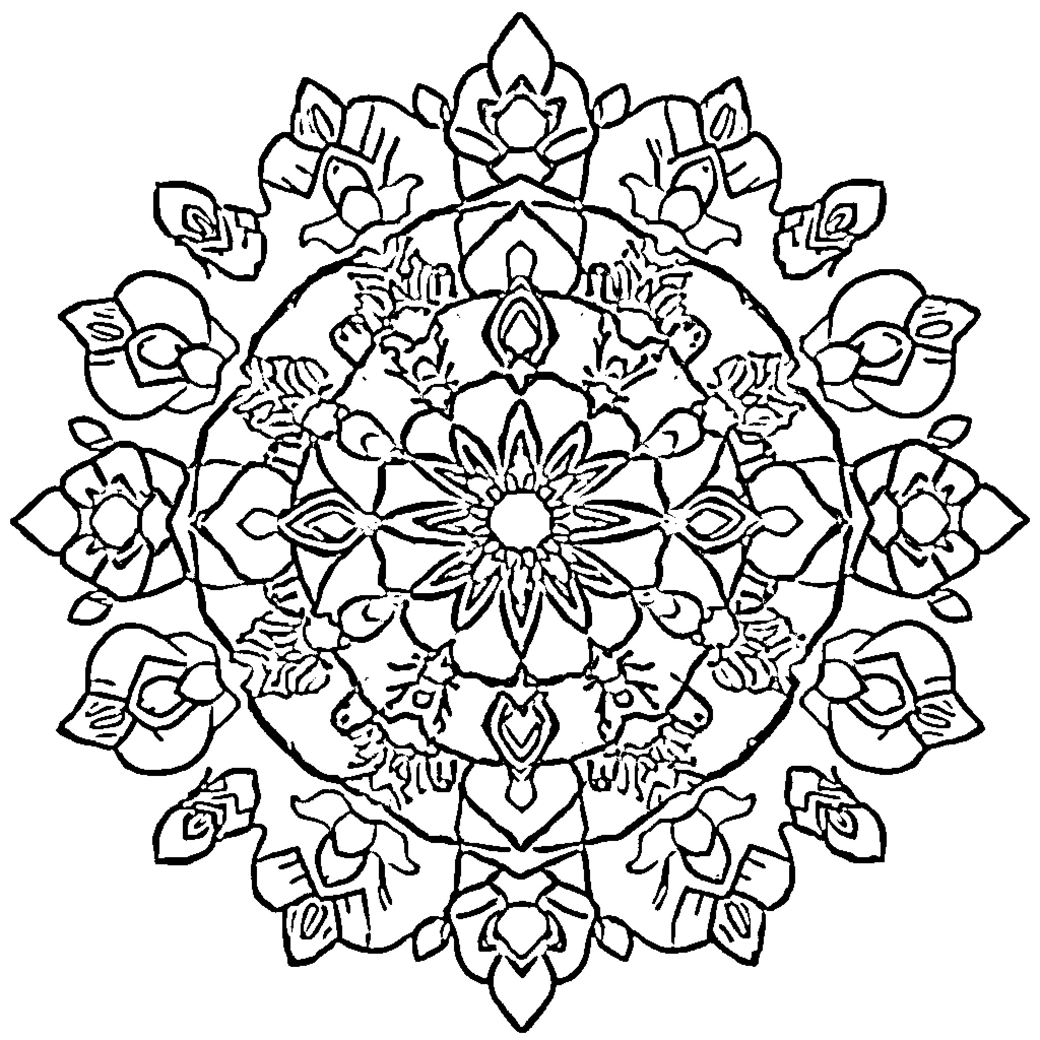 Mandala with ornate floral design Coloring Page (free black-and-white line drawing printable PDF for all, from beginners to advanced learners, including children, teens, adults, and seniors)
