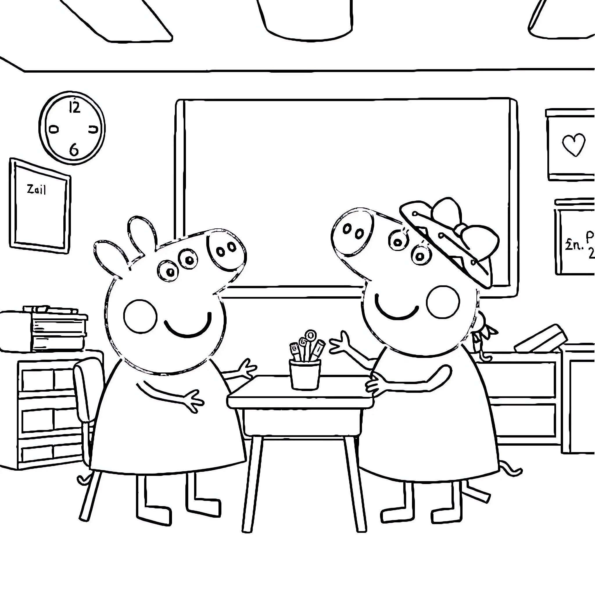 Peppa Pig and friends in a classroom setting Coloring Page (free black-and-white line drawing printable PDF for all, from beginners to advanced learners, including children, teens, adults, and seniors)