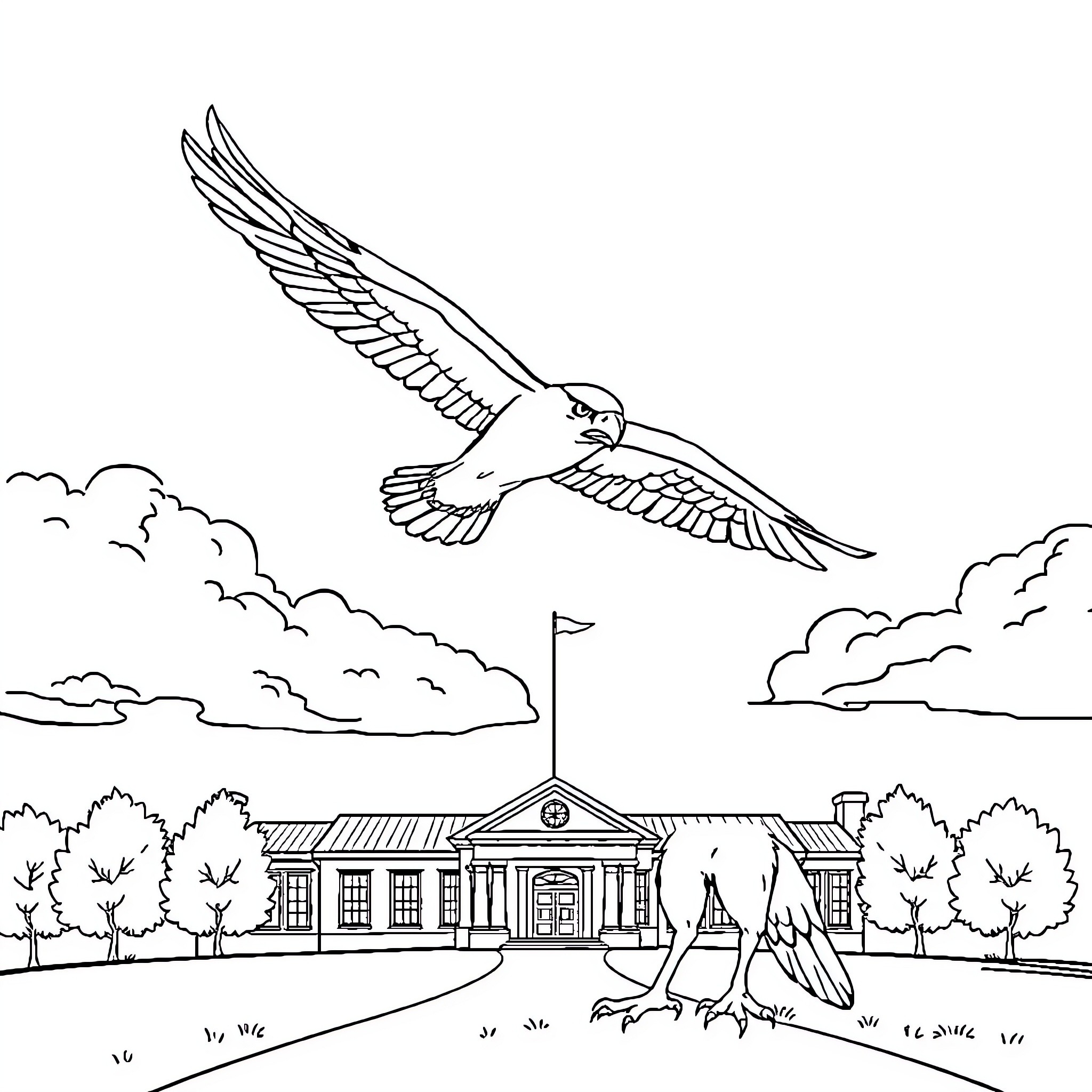 Falcon soaring above majestic architectural landscape Coloring Page (free black-and-white line drawing printable PDF for all, from beginners to advanced learners, including children, teens, adults, and seniors)