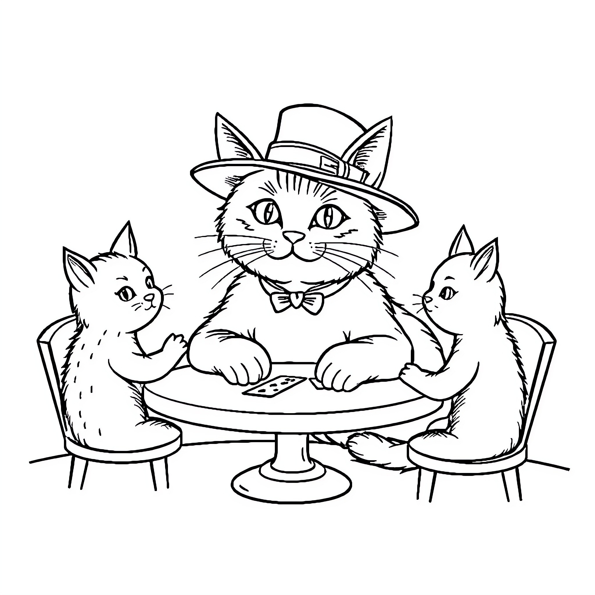 Cat in fancy hat enjoying tea with friends Coloring Page (free black-and-white line drawing printable PDF for all, from beginners to advanced learners, including children, teens, adults, and seniors)