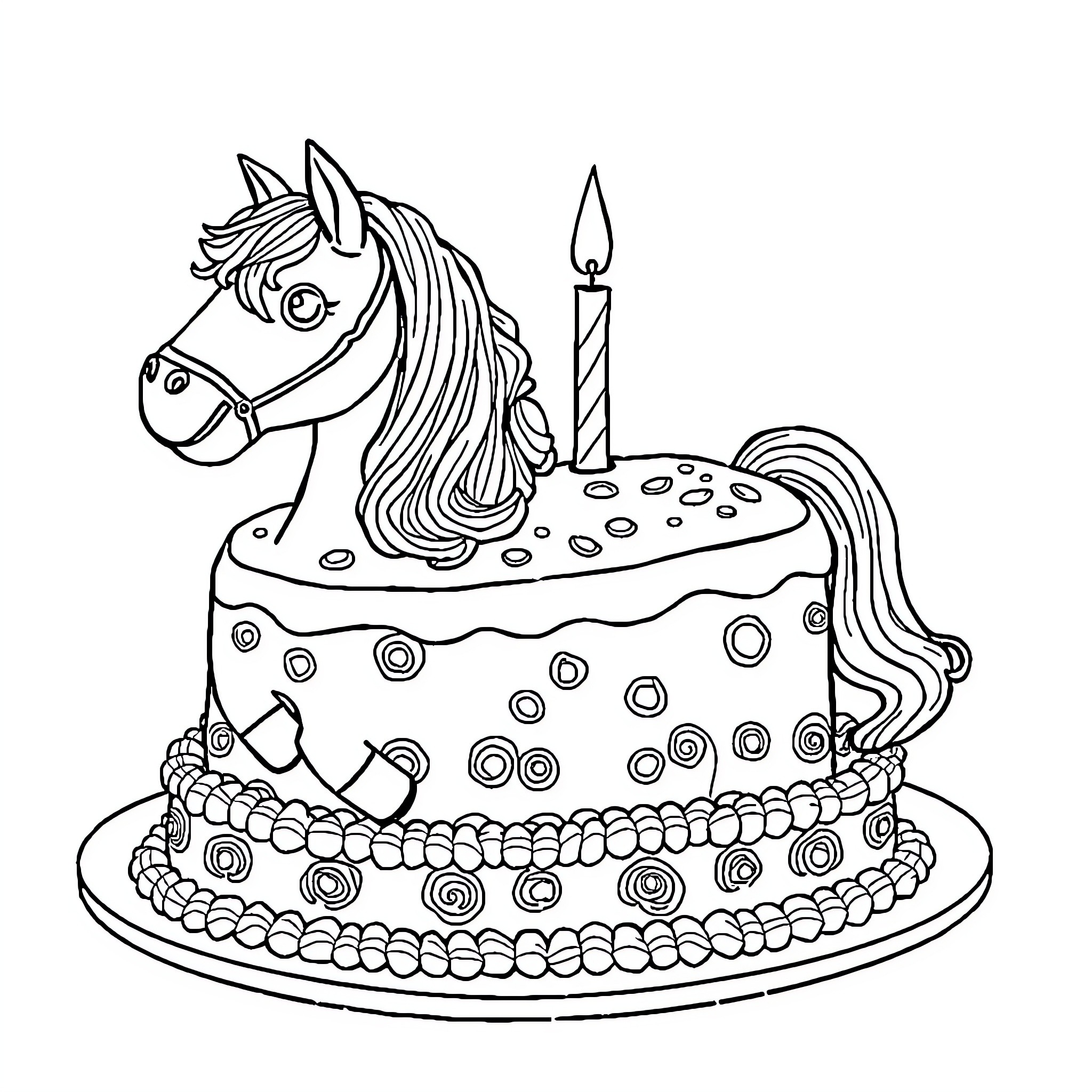 Horse-shaped birthday cake with decorations Coloring Page (free black-and-white line drawing printable PDF for all, from beginners to advanced learners, including children, teens, adults, and seniors)