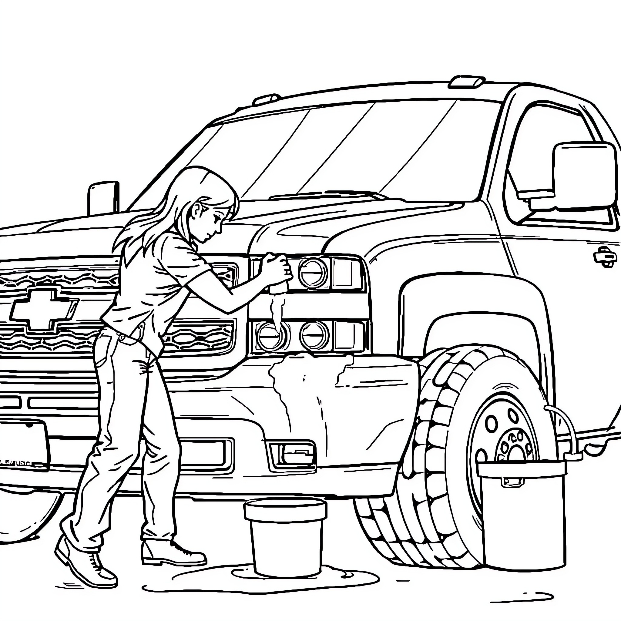 Rias Gremory assisting with a vehicle repair Coloring Page (free black-and-white line drawing printable PDF for all, from beginners to advanced learners, including children, teens, adults, and seniors)