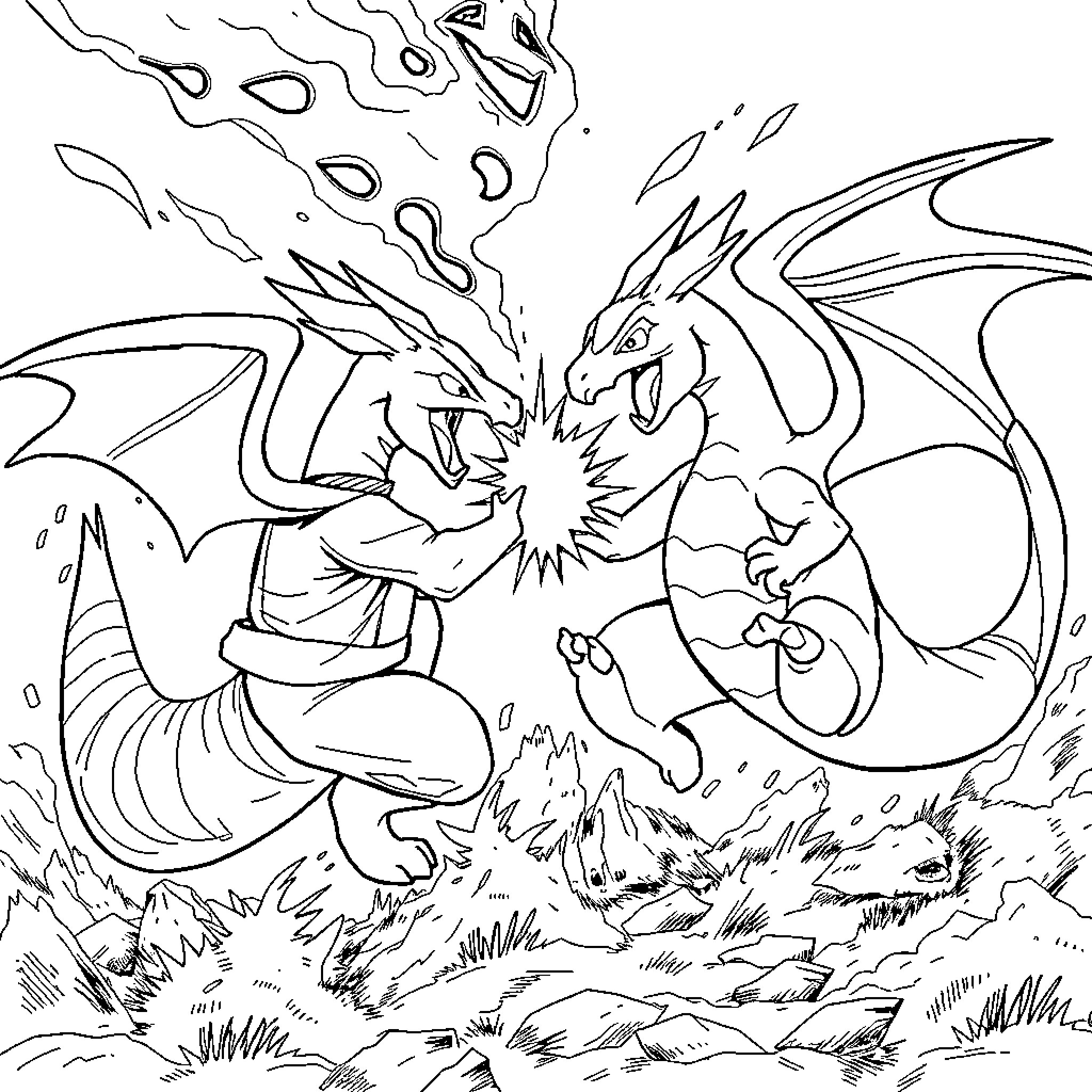 Richu: Fierce Dragon Unleashing Fiery Breath Coloring Page (free black-and-white line drawing printable PDF for all, from beginners to advanced learners, including children, teens, adults, and seniors)