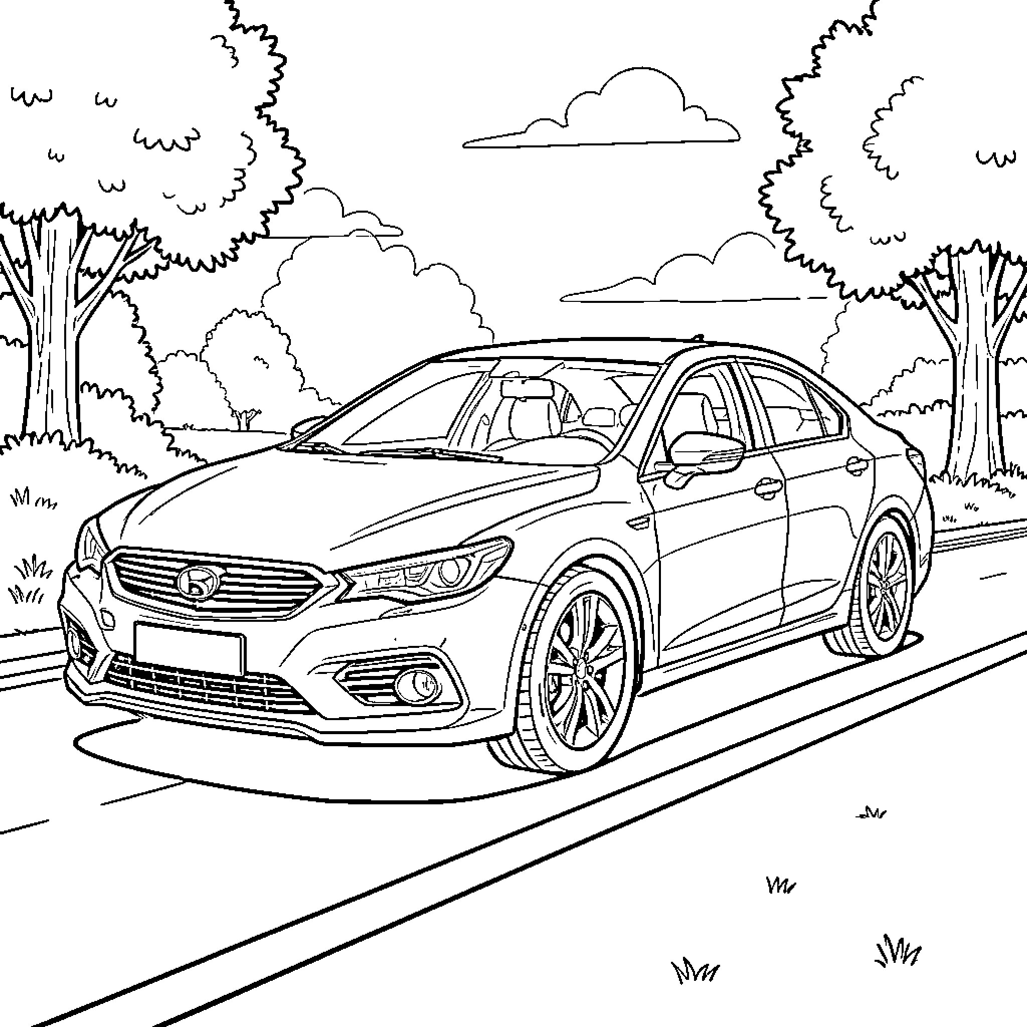 Car driving through scenic countryside Coloring Page (free black-and-white line drawing printable PDF for all, from beginners to advanced learners, including children, teens, adults, and seniors)
