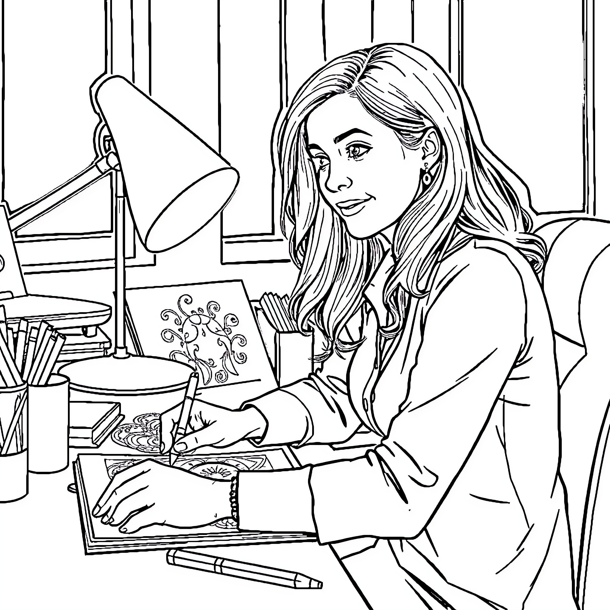 Julie Jobin Working Diligently at Her Desk Coloring Page (free black-and-white line drawing printable PDF for all, from beginners to advanced learners, including children, teens, adults, and seniors)