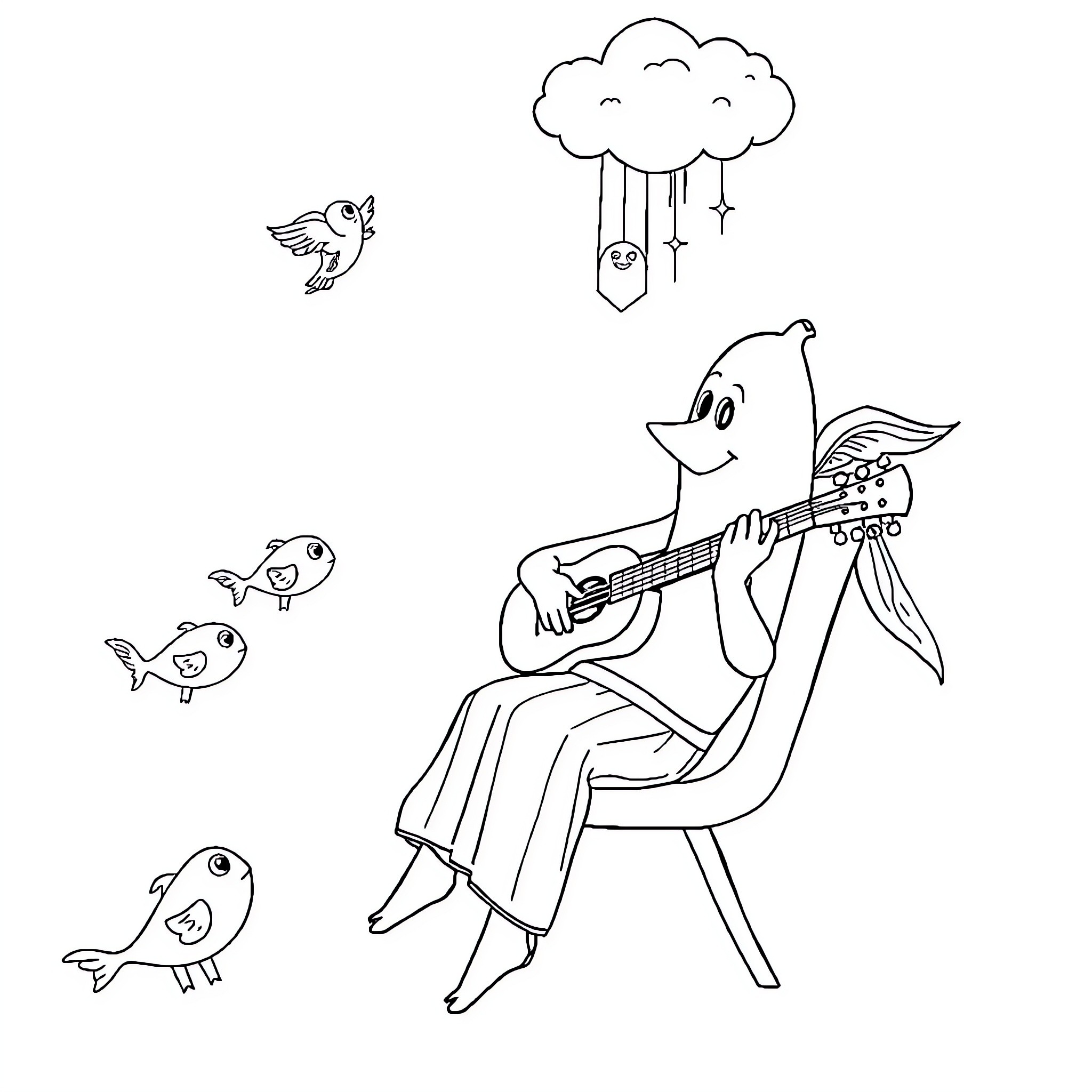 Banana playing guitar in the rain with birds Coloring Page (free black-and-white line drawing printable PDF for all, from beginners to advanced learners, including children, teens, adults, and seniors)