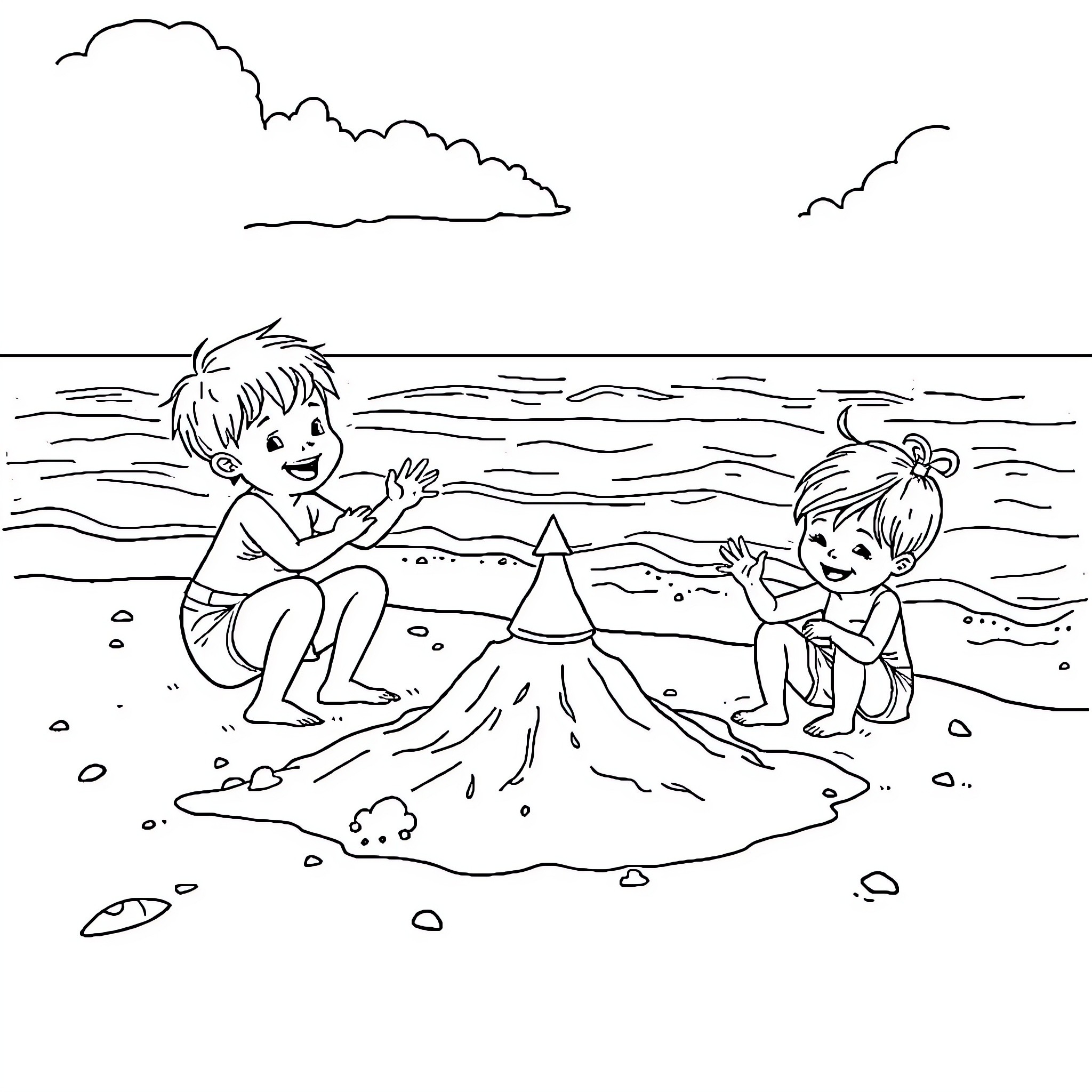 Kid's Fun at the Beach Playing with Sand Coloring Page (free black-and-white line drawing printable PDF for all, from beginners to advanced learners, including children, teens, adults, and seniors)