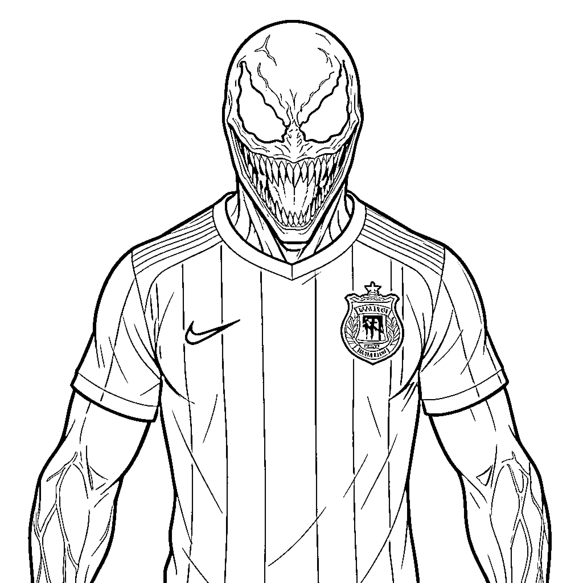 Venom footballer with fierce expression and uniform Coloring Page (free black-and-white line drawing printable PDF for all, from beginners to advanced learners, including children, teens, adults, and seniors)