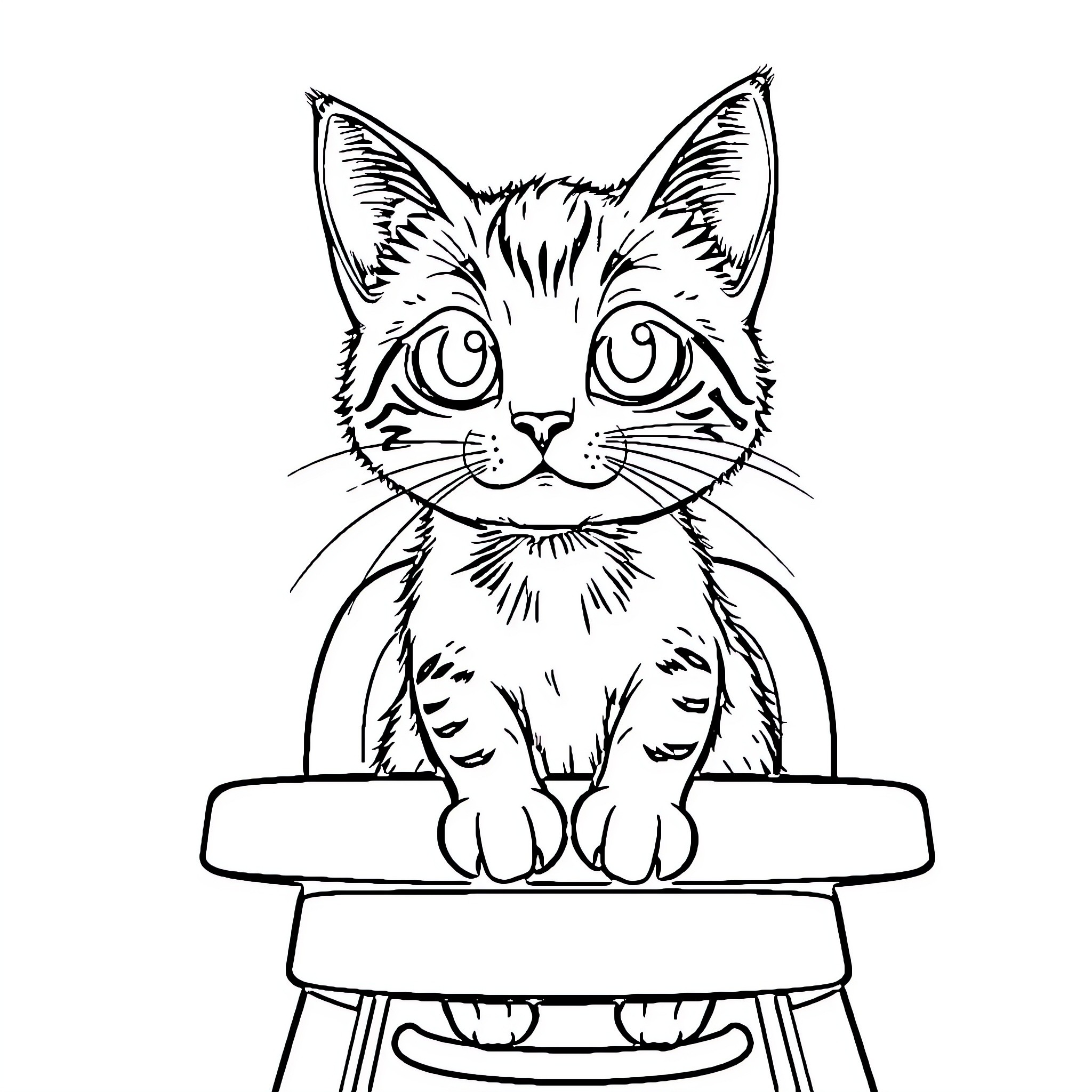 Cat sitting cutely on a chair Coloring Page (free black-and-white line drawing printable PDF for all, from beginners to advanced learners, including children, teens, adults, and seniors)