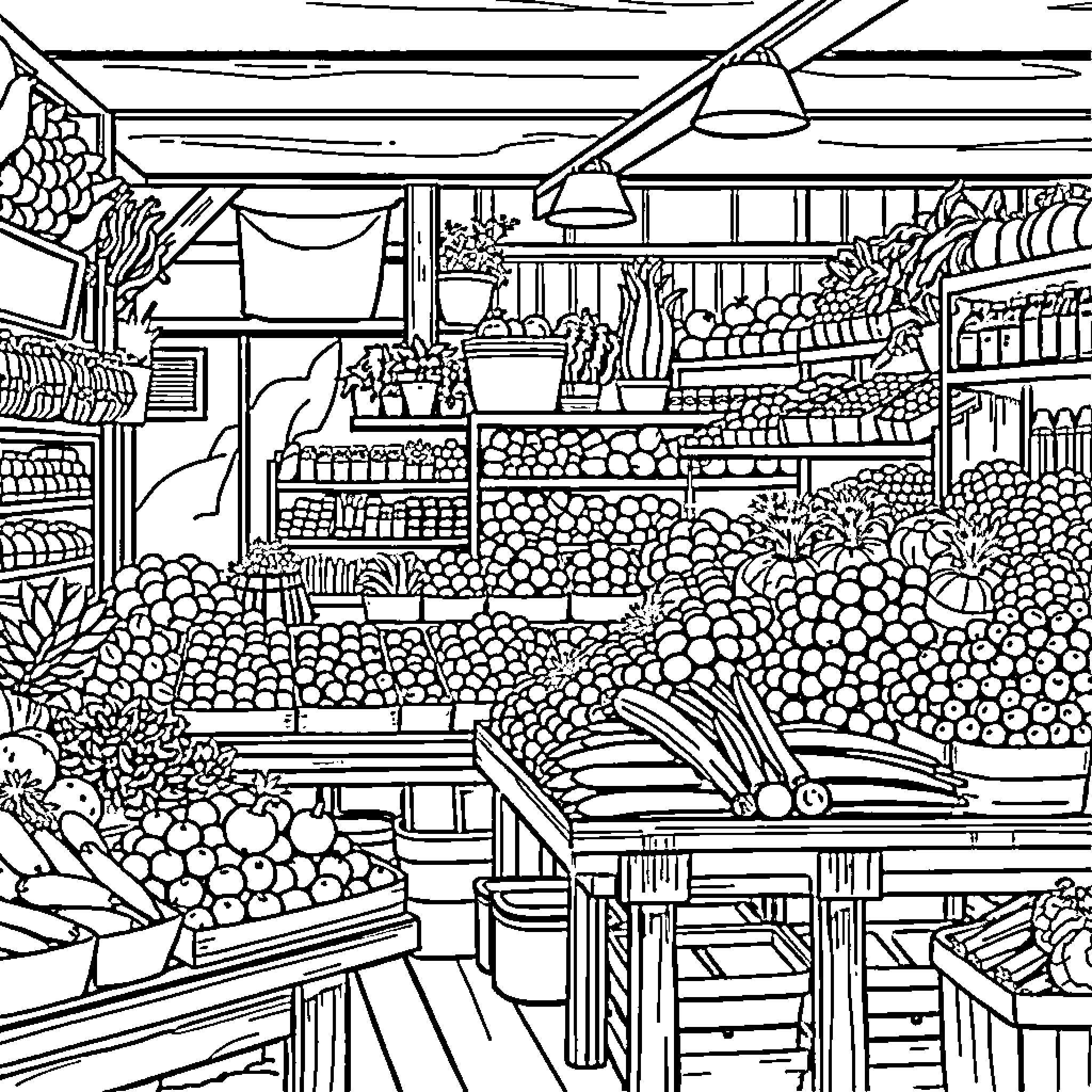 Market stall filled with diverse produce and goods Coloring Page (free black-and-white line drawing printable PDF for all, from beginners to advanced learners, including children, teens, adults, and seniors)