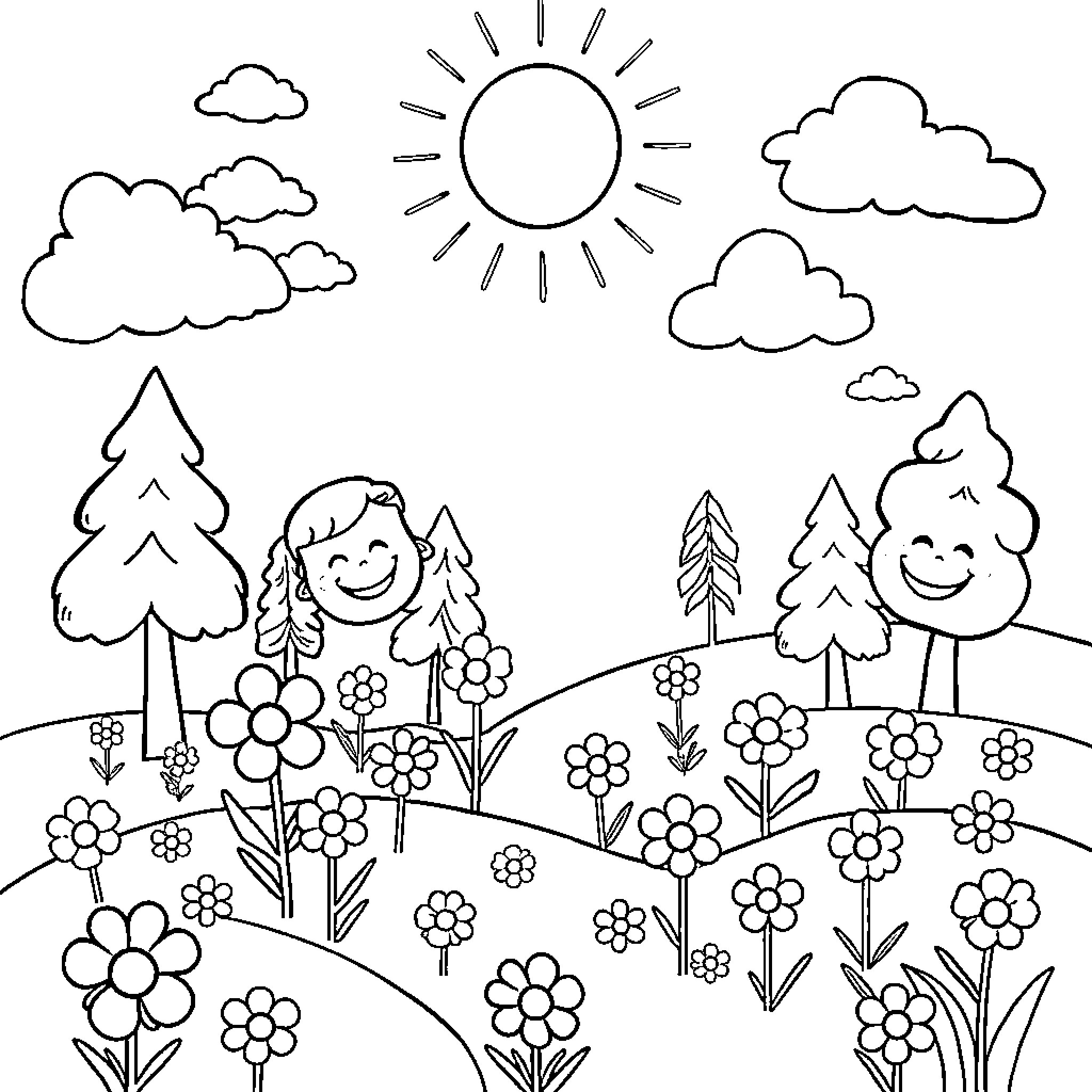 Sun shines on joyful floral landscape Coloring Page (free black-and-white line drawing printable PDF for all, from beginners to advanced learners, including children, teens, adults, and seniors)
