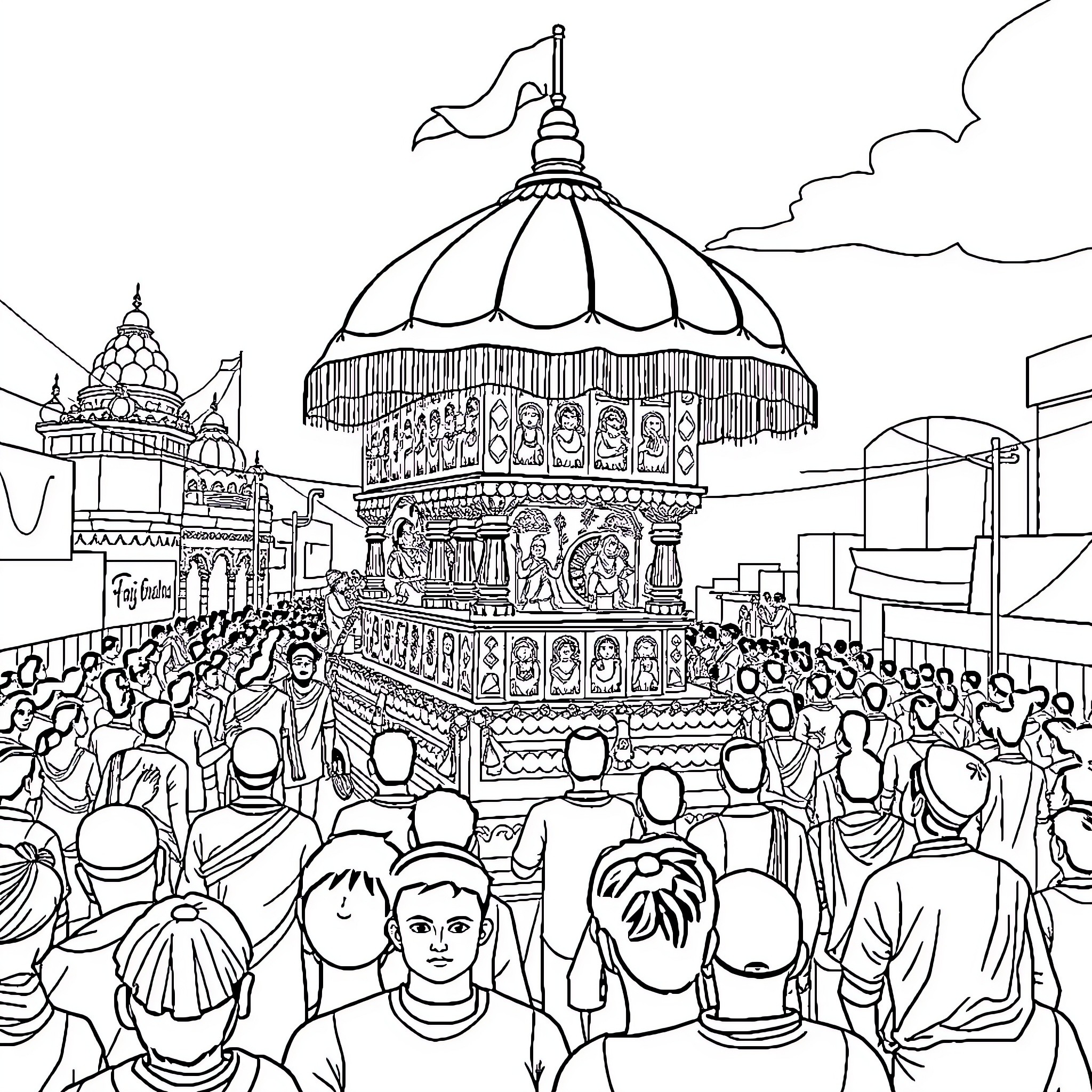 Ratha Celebration with Colorful Parade and Festive Decorations Coloring Page (free black-and-white line drawing printable PDF for all, from beginners to advanced learners, including children, teens, adults, and seniors)