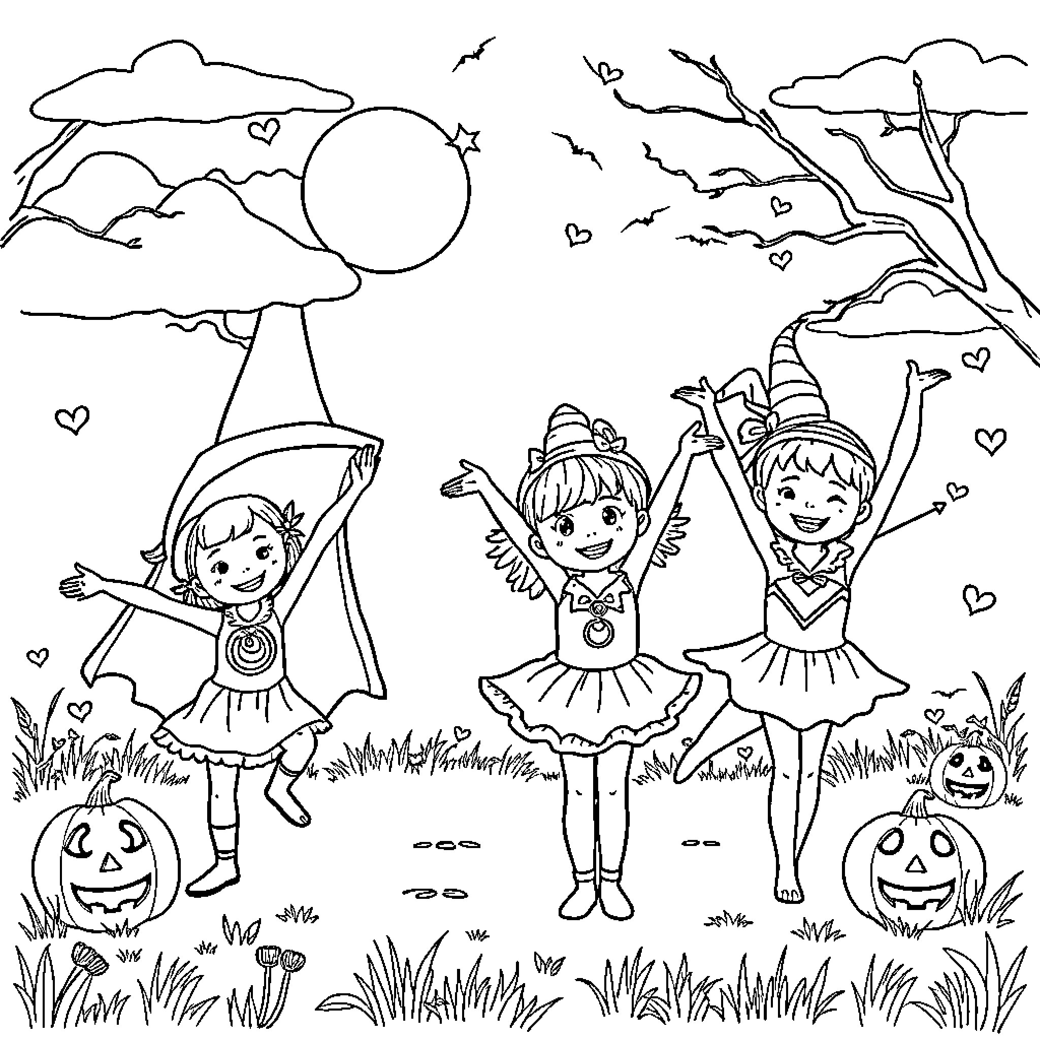 Halloween Kids Dancing and Playing Joyfully Coloring Page (free black-and-white line drawing printable PDF for all, from beginners to advanced learners, including children, teens, adults, and seniors)