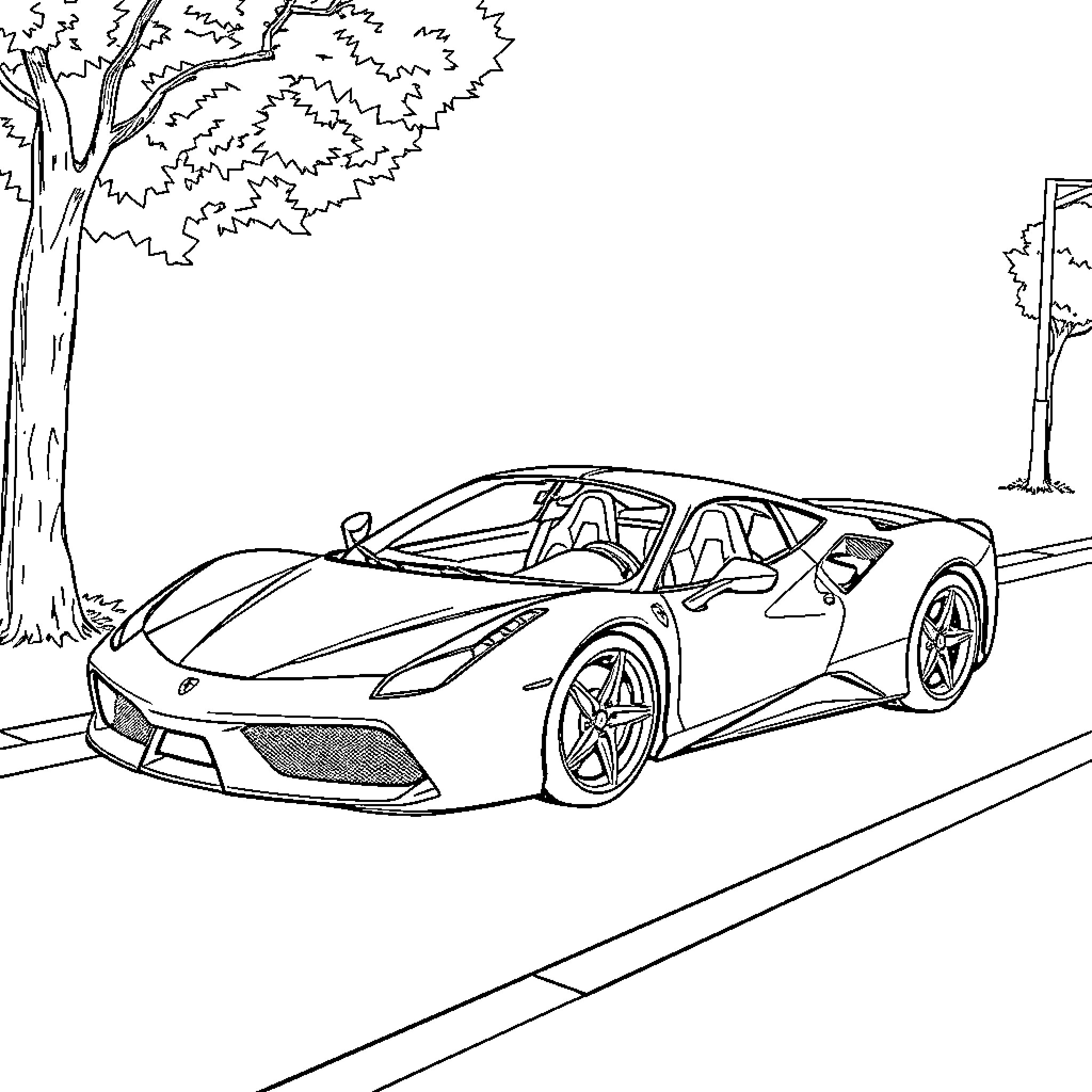 Ferrari sports car on the road in forest Coloring Page (free black-and-white line drawing printable PDF for all, from beginners to advanced learners, including children, teens, adults, and seniors)