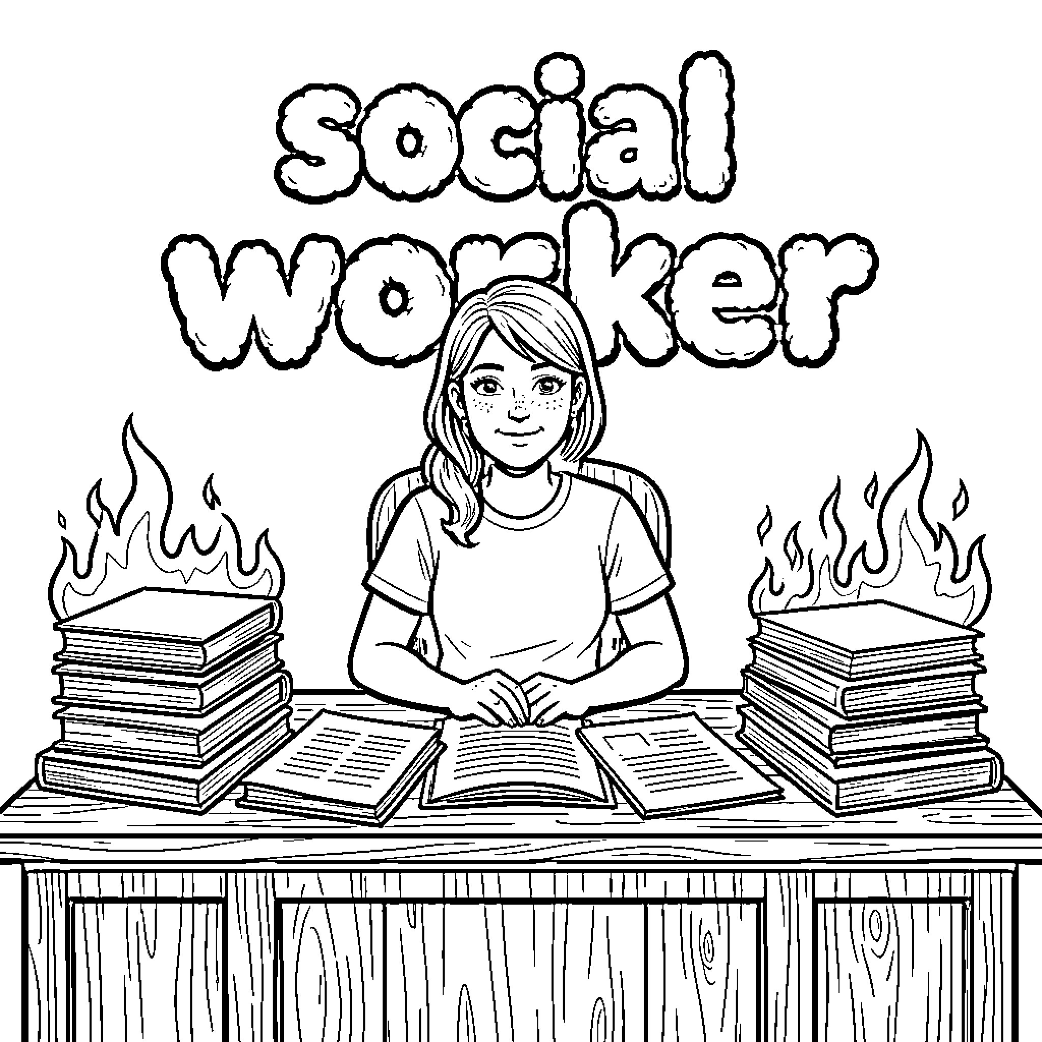 Social Worker sitting at a desk with many books Coloring Page (free black-and-white line drawing printable PDF for all, from beginners to advanced learners, including children, teens, adults, and seniors)