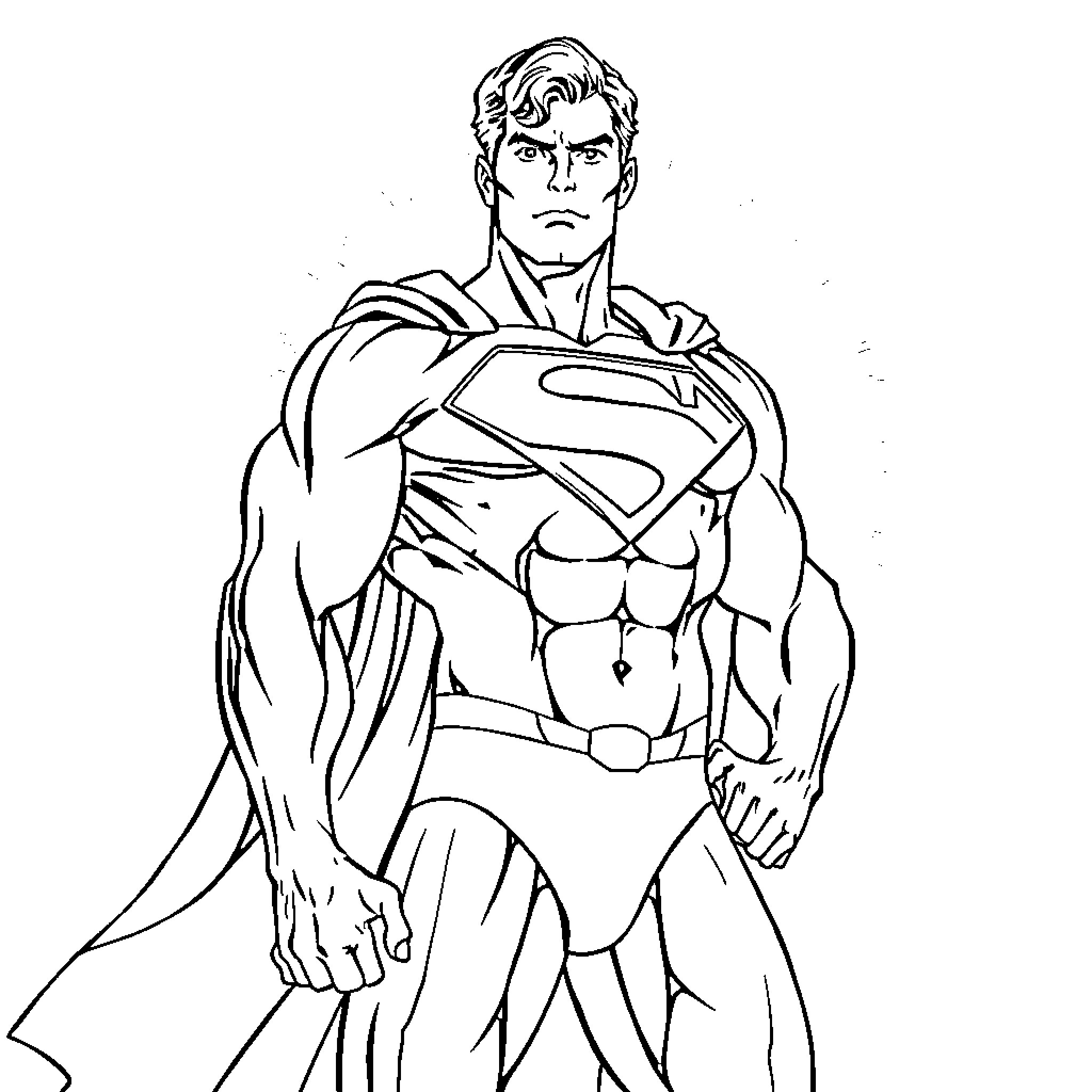 Superman in powerful heroic pose Coloring Page (free black-and-white line drawing printable PDF for all, from beginners to advanced learners, including children, teens, adults, and seniors)