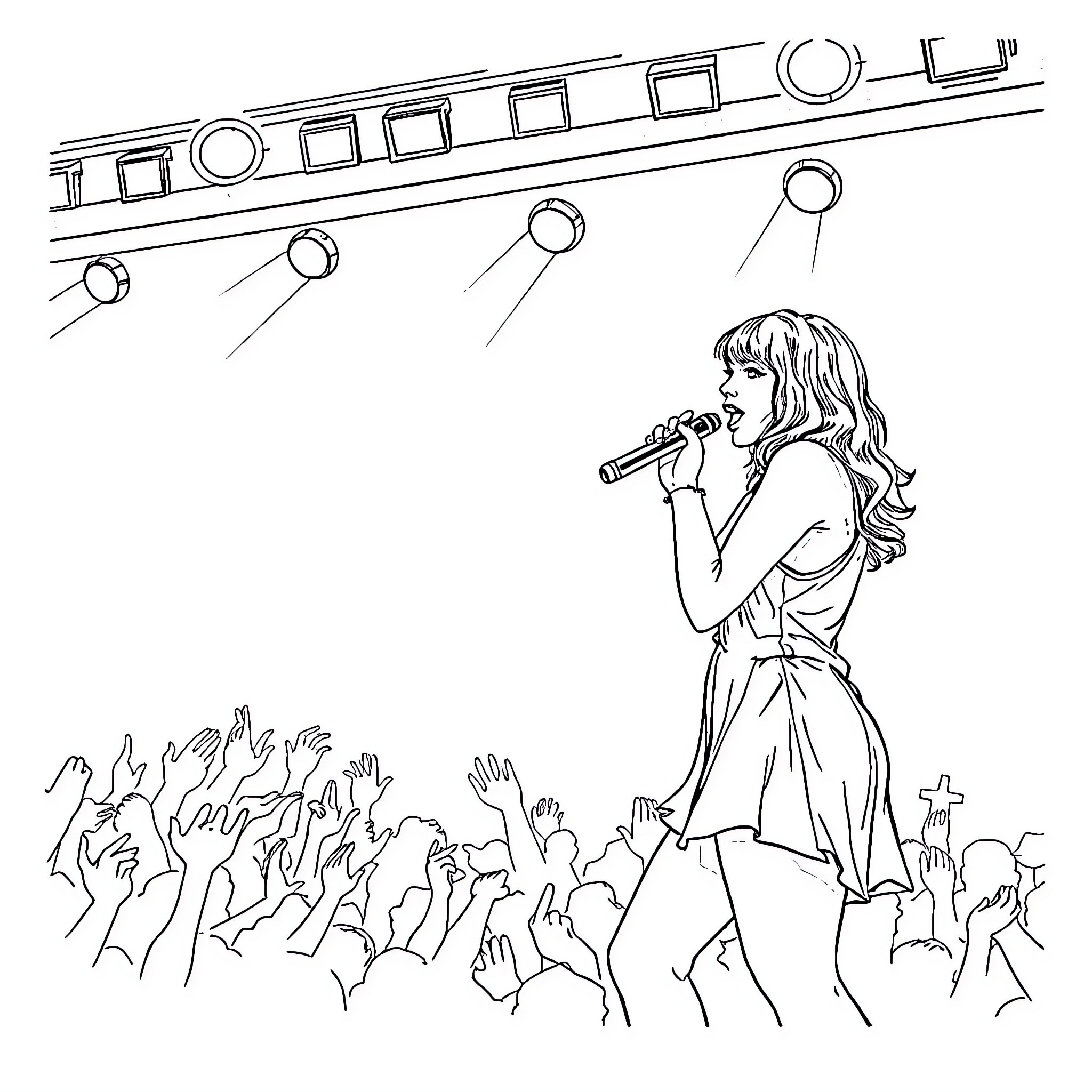 Taylor Swift captivating audience with energetic performance Coloring Page (free black-and-white line drawing printable PDF for all, from beginners to advanced learners, including children, teens, adults, and seniors)