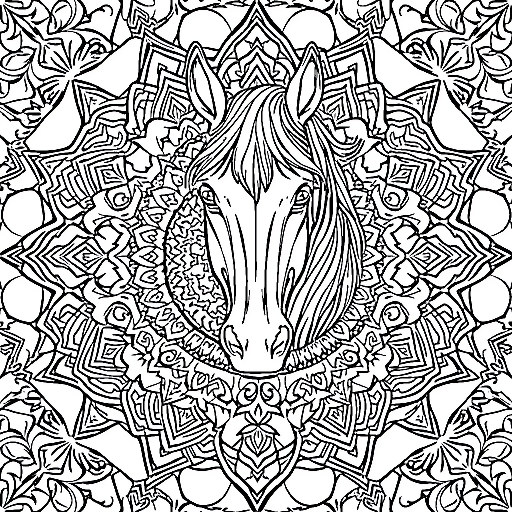 Horse in Intricate Mandala Pattern Coloring Page (free black-and-white line drawing printable PDF for all, from beginners to advanced learners, including children, teens, adults, and seniors)