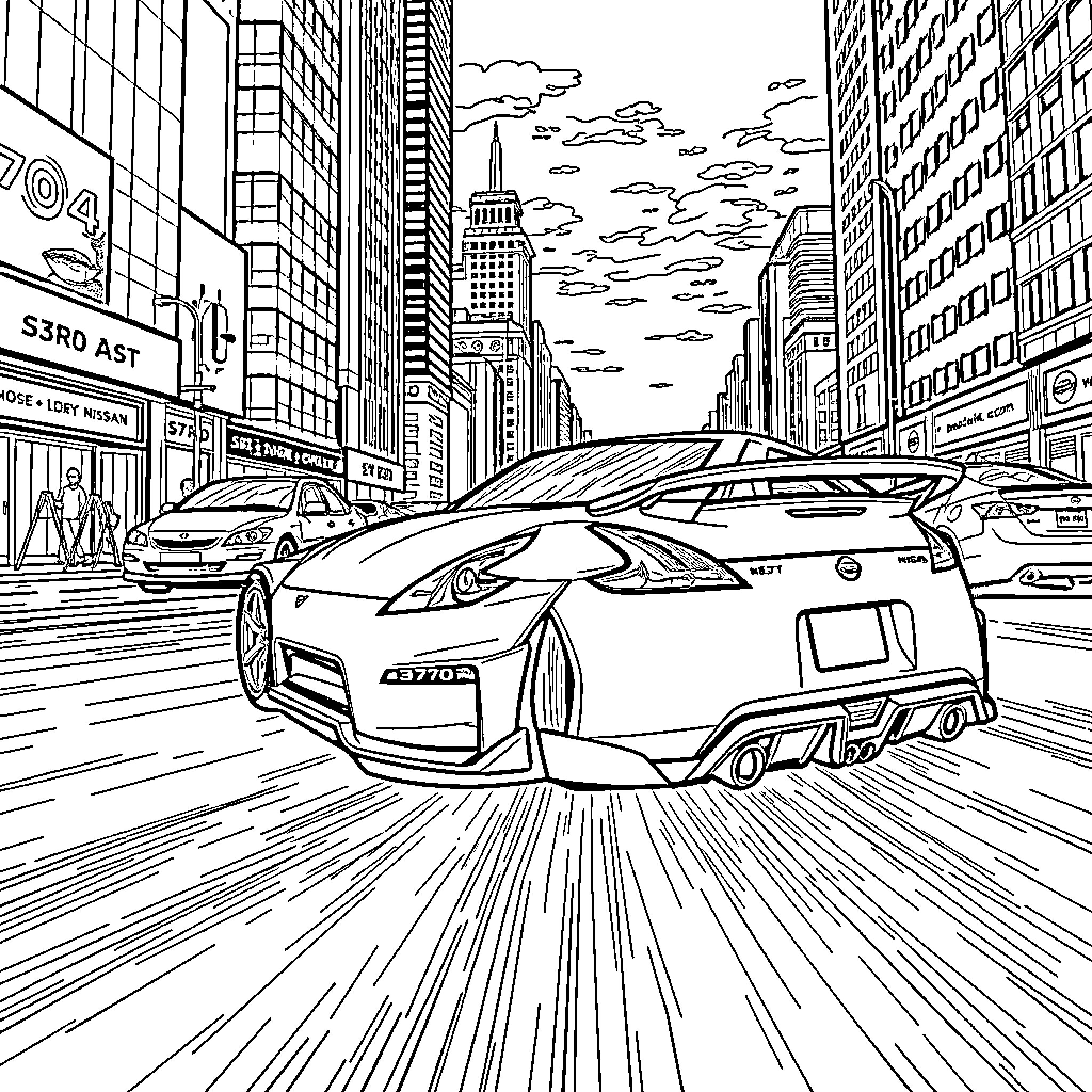 Nissan 370z speeding through busy city streets Coloring Page (free black-and-white line drawing printable PDF for all, from beginners to advanced learners, including children, teens, adults, and seniors)