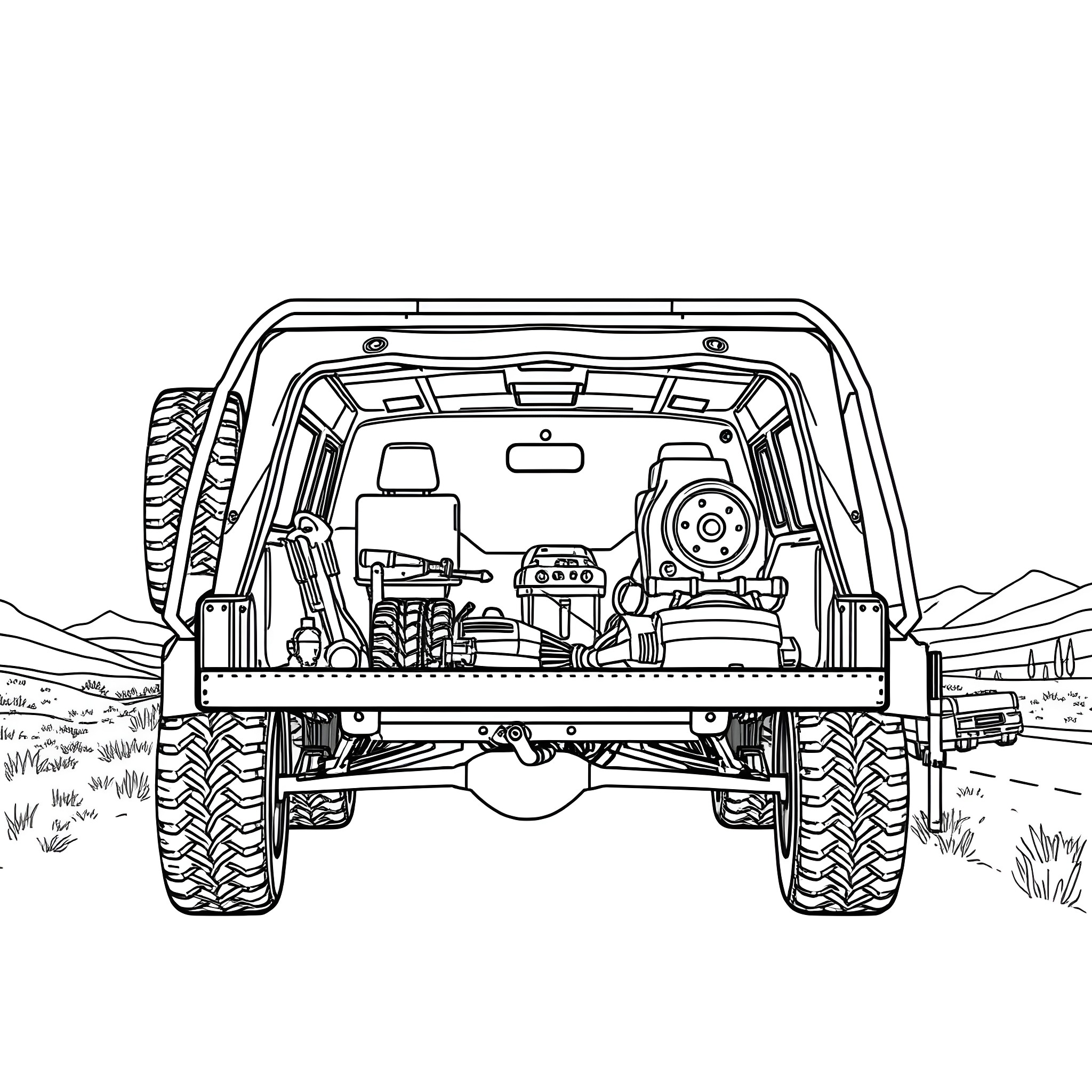 Car Trailer with Outdoor Adventure Gear Coloring Page (free black-and-white line drawing printable PDF for all, from beginners to advanced learners, including children, teens, adults, and seniors)