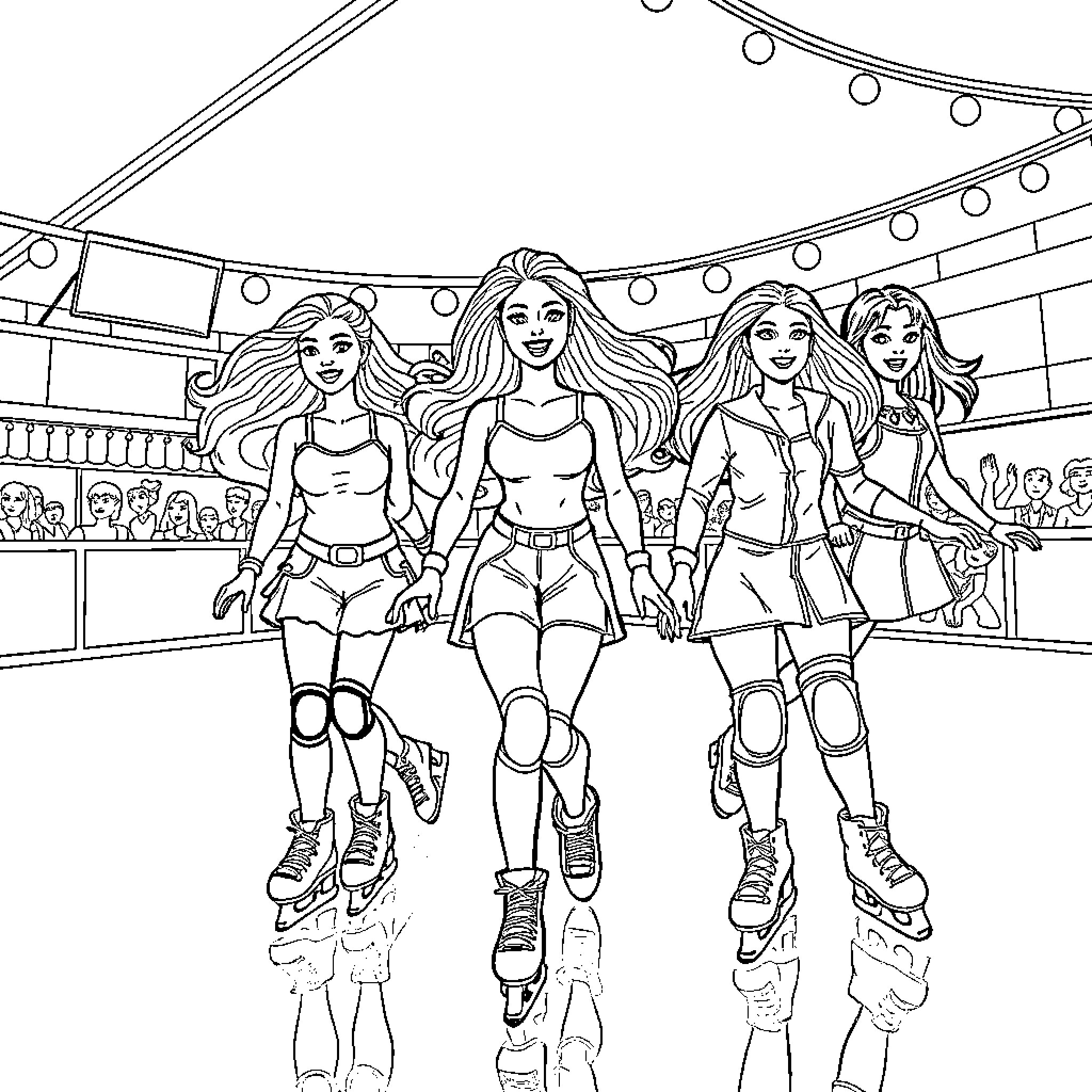 Barbie Roller Skating Performance in Rink Coloring Page (free black-and-white line drawing printable PDF for all, from beginners to advanced learners, including children, teens, adults, and seniors)