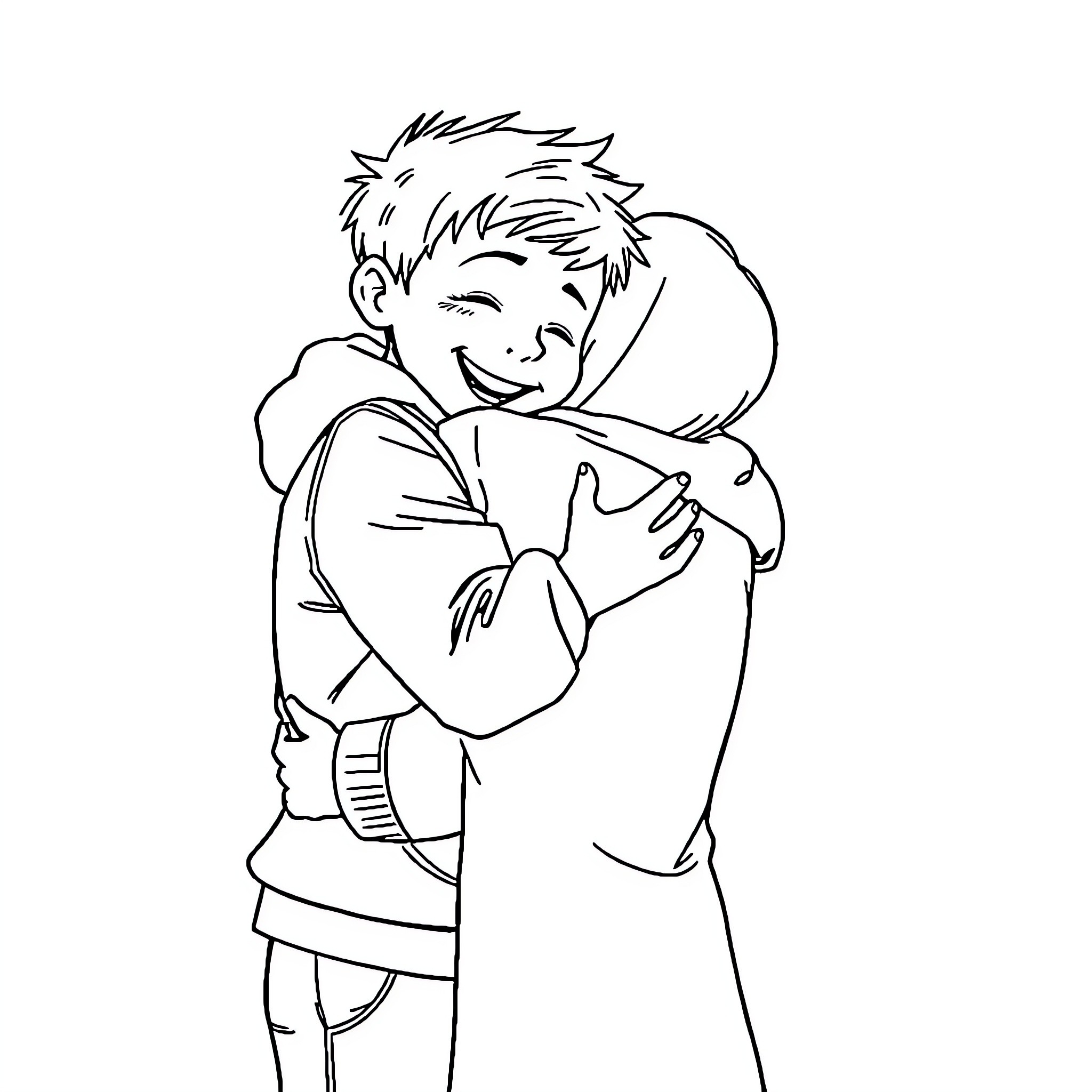 Boy embracing and comforting friend Coloring Page (free black-and-white line drawing printable PDF for all, from beginners to advanced learners, including children, teens, adults, and seniors)