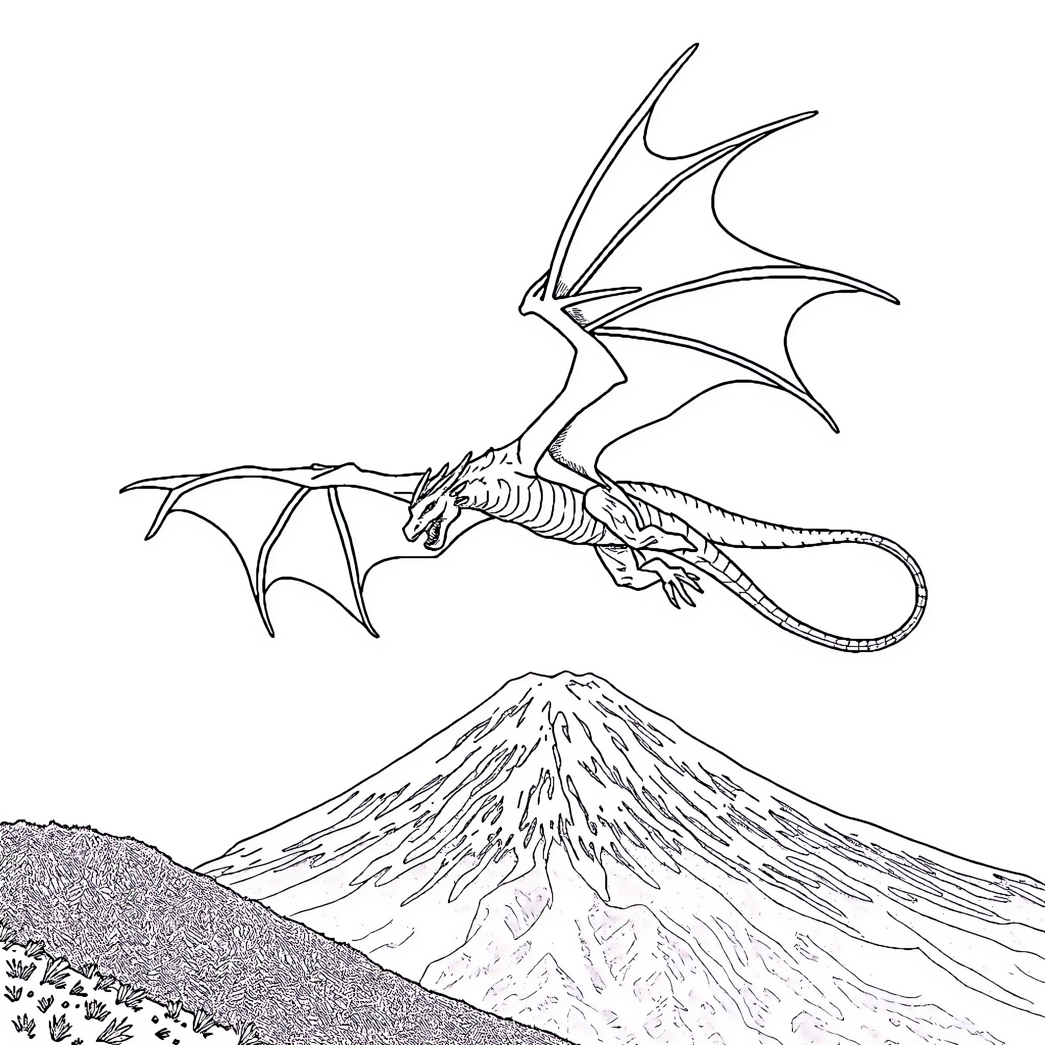Dragon soaring over majestic mountain landscape Coloring Page (free black-and-white line drawing printable PDF for all, from beginners to advanced learners, including children, teens, adults, and seniors)