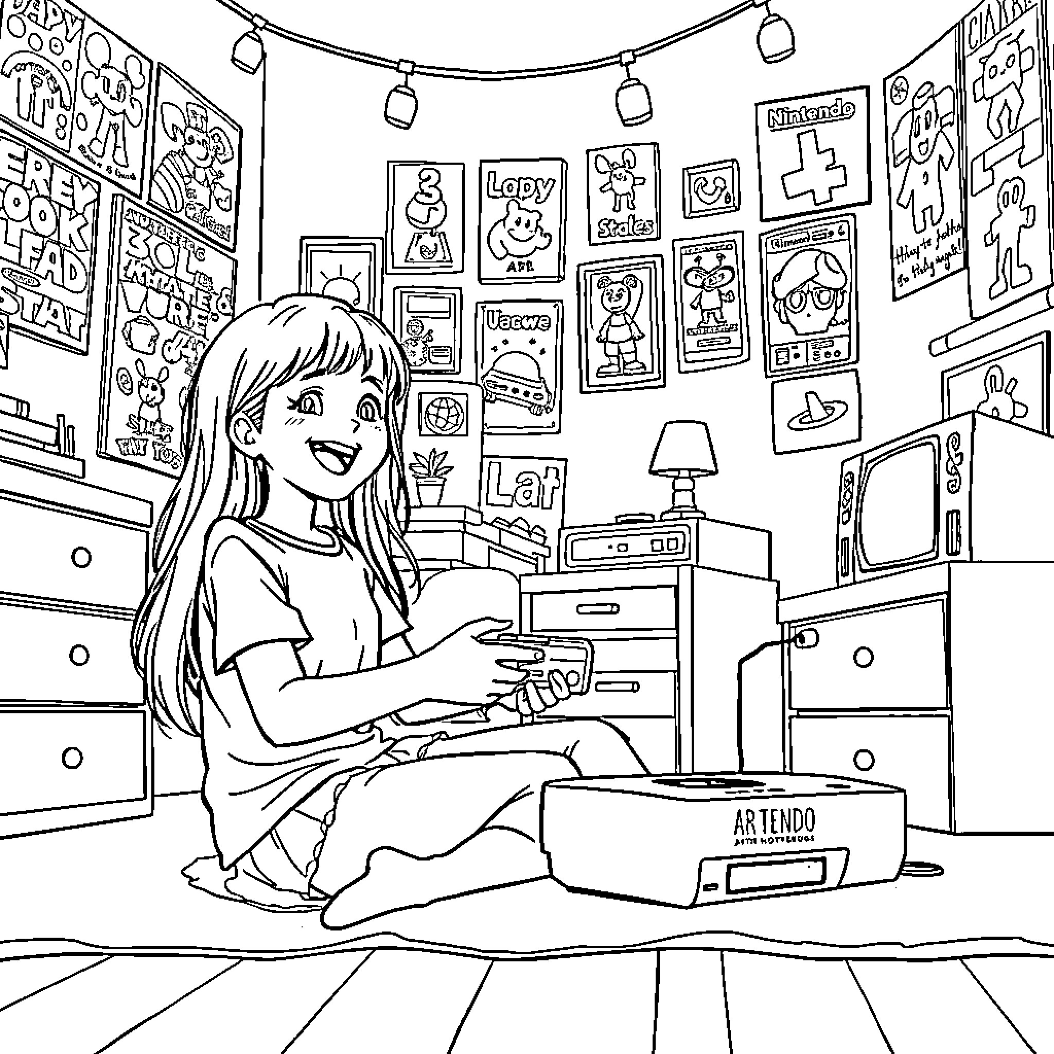 Girl playing video game in her room Coloring Page (free black-and-white line drawing printable PDF for all, from beginners to advanced learners, including children, teens, adults, and seniors)