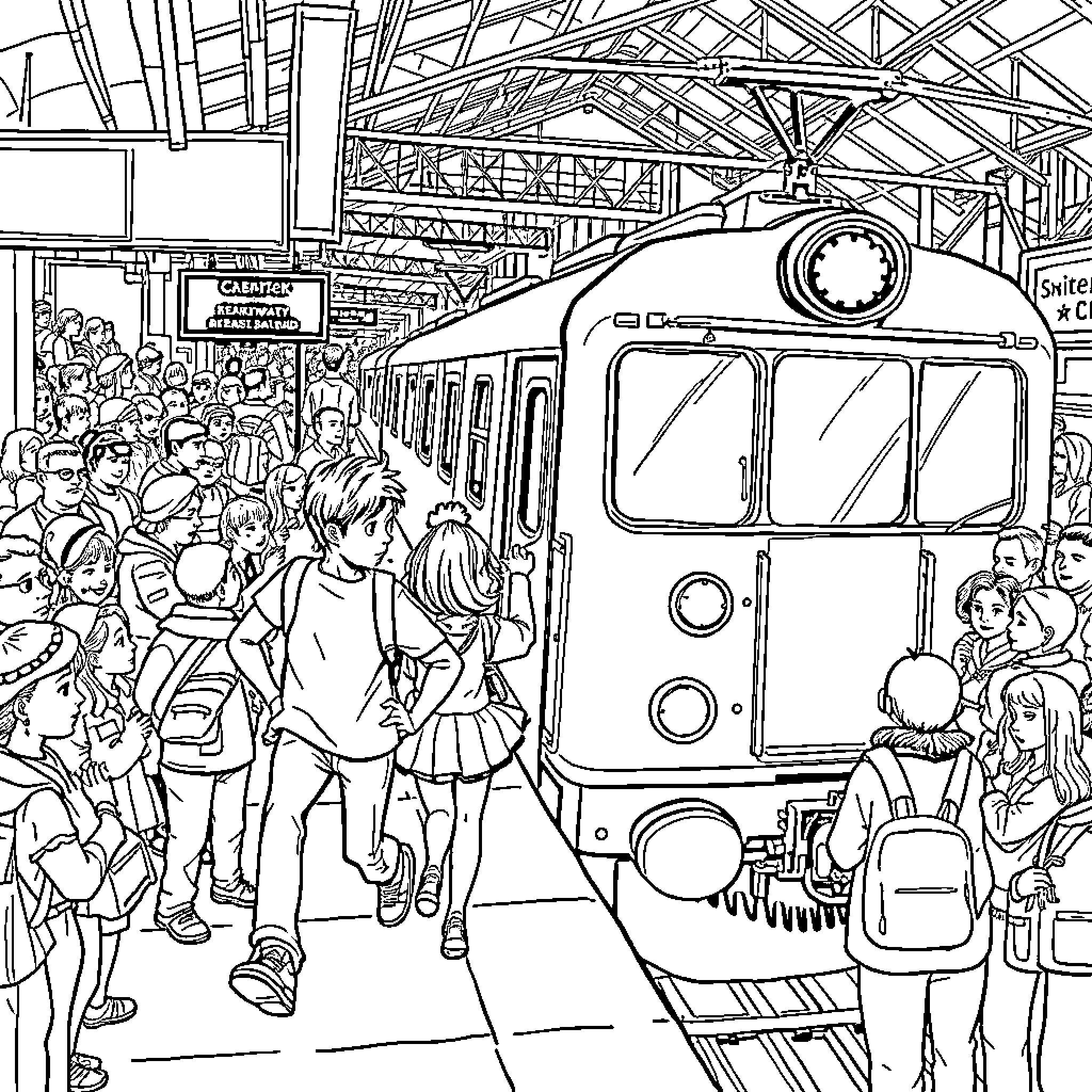 Boy and Girl Boarding Crowded Commuter Train at Station Coloring Page (free black-and-white line drawing printable PDF for all, from beginners to advanced learners, including children, teens, adults, and seniors)