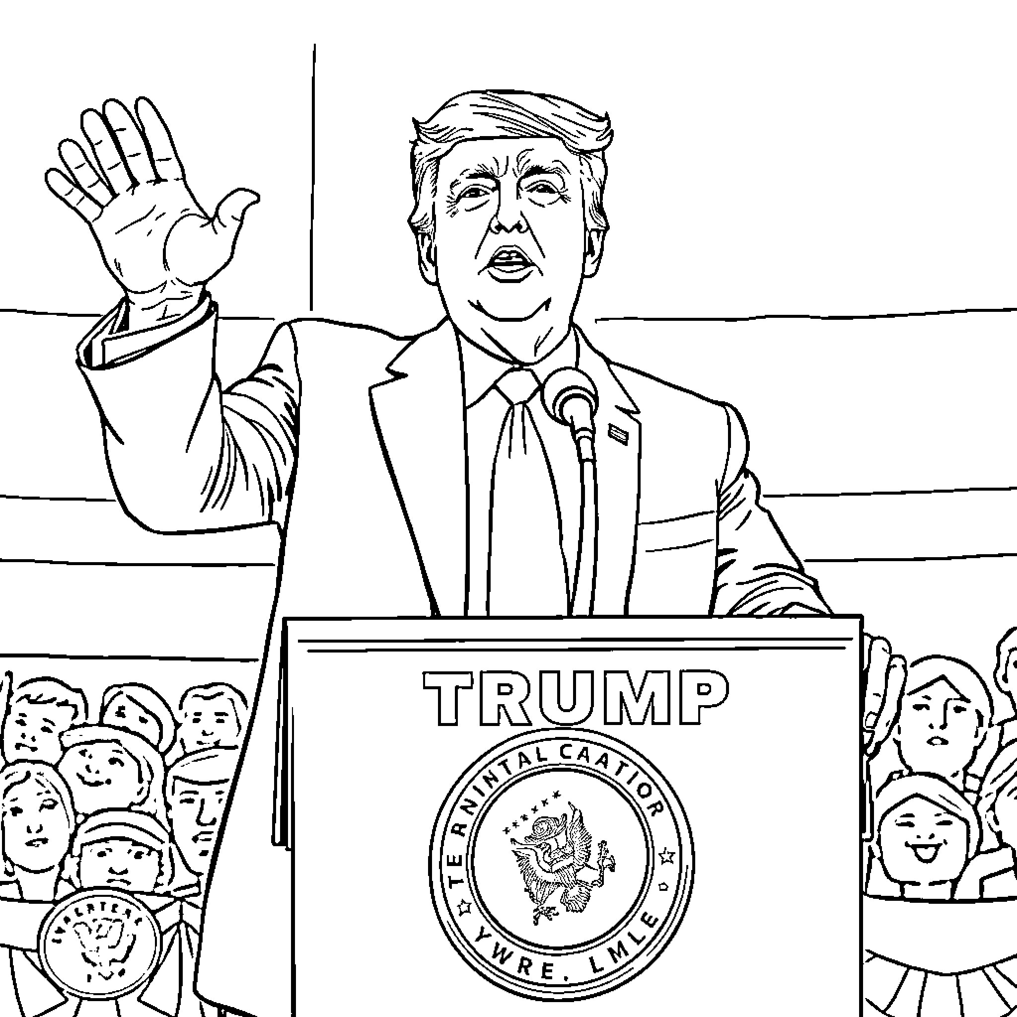 Donald Trump Addressing Crowd at Podium Coloring Page (free black-and-white line drawing printable PDF for all, from beginners to advanced learners, including children, teens, adults, and seniors)
