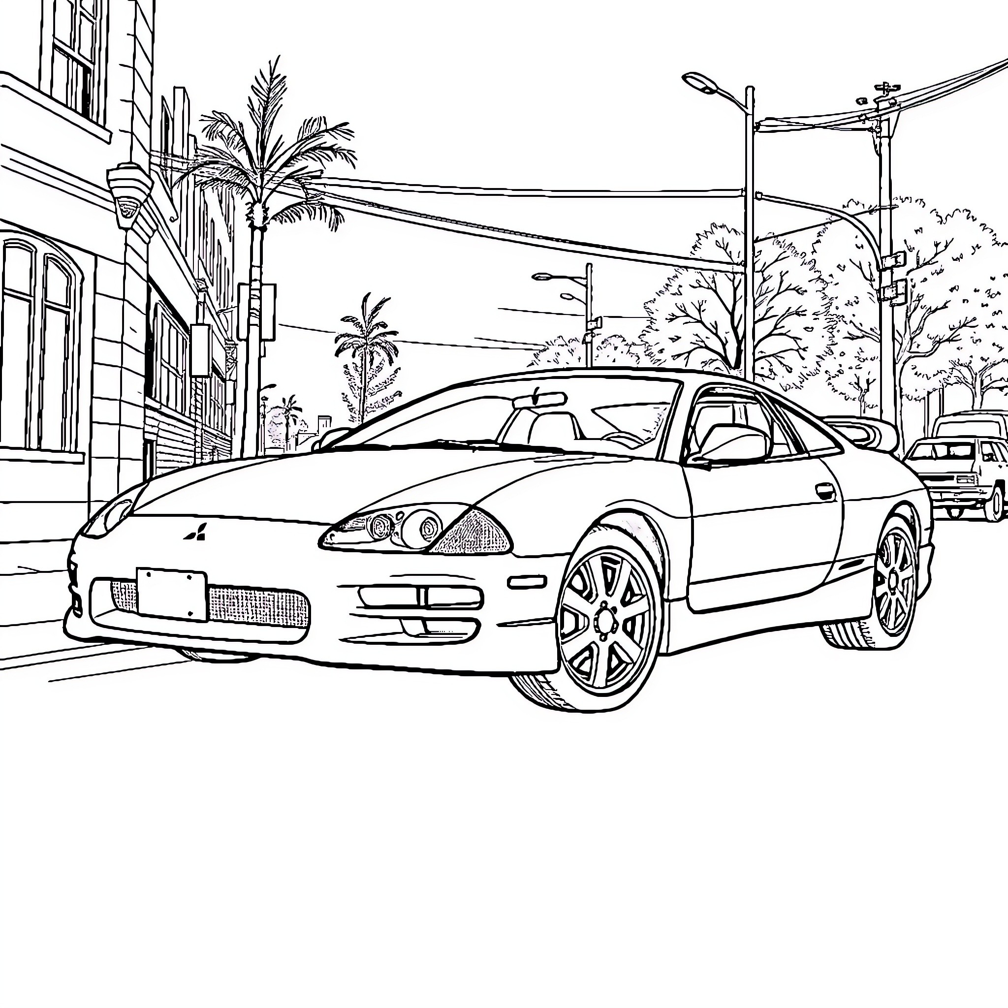 Mitsubishi Eclipse on city street with palm trees Coloring Page (free black-and-white line drawing printable PDF for all, from beginners to advanced learners, including children, teens, adults, and seniors)
