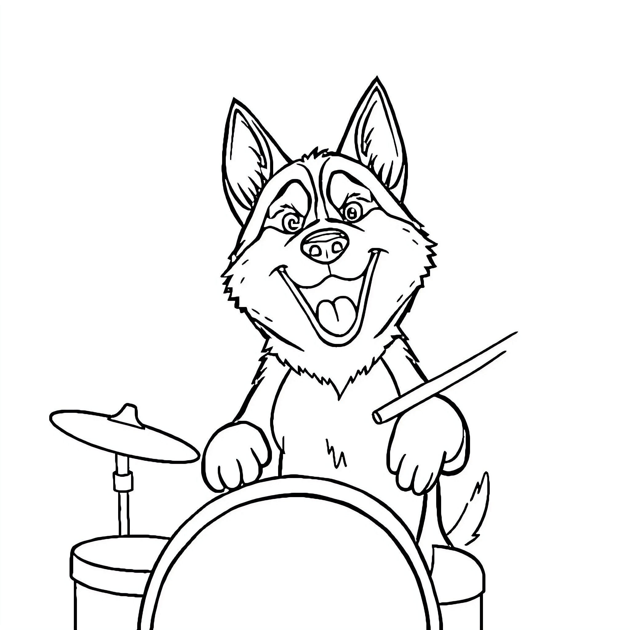 Husky playing happily with drums Coloring Page (free black-and-white line drawing printable PDF for all, from beginners to advanced learners, including children, teens, adults, and seniors)