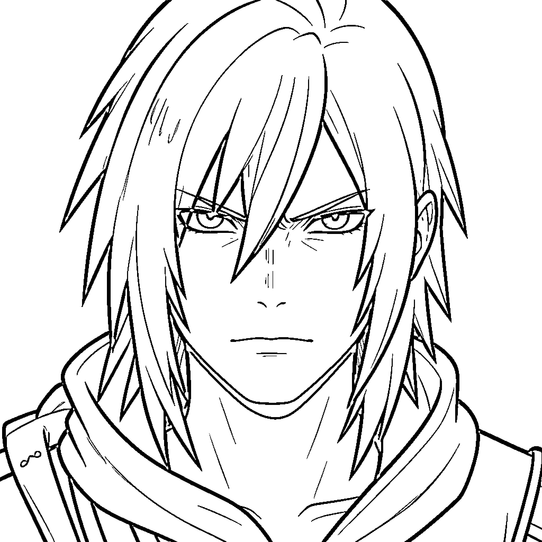 Squall Leonhart with a serious facial expression Coloring Page (free black-and-white line drawing printable PDF for all, from beginners to advanced learners, including children, teens, adults, and seniors)