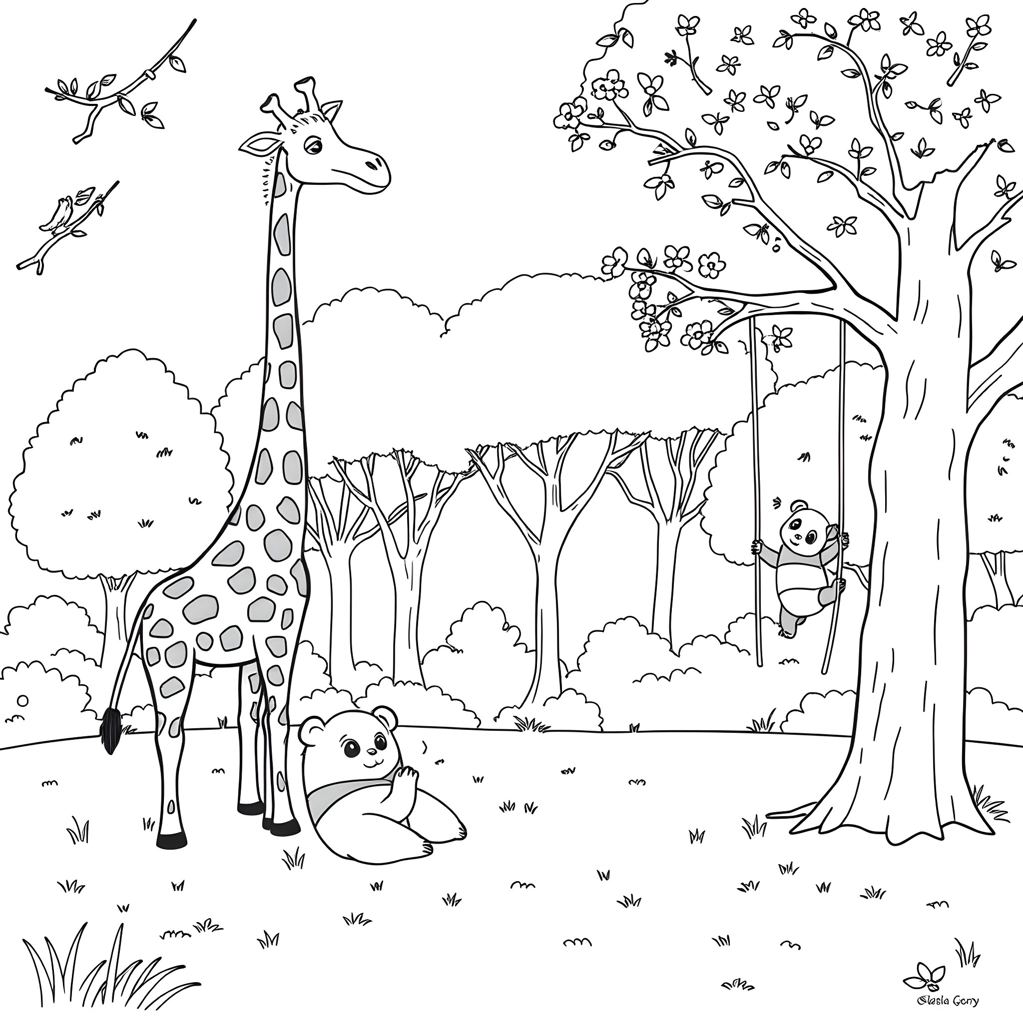 Giraffe and pandas in a whimsical forest landscape Coloring Page (free black-and-white line drawing printable PDF for all, from beginners to advanced learners, including children, teens, adults, and seniors)