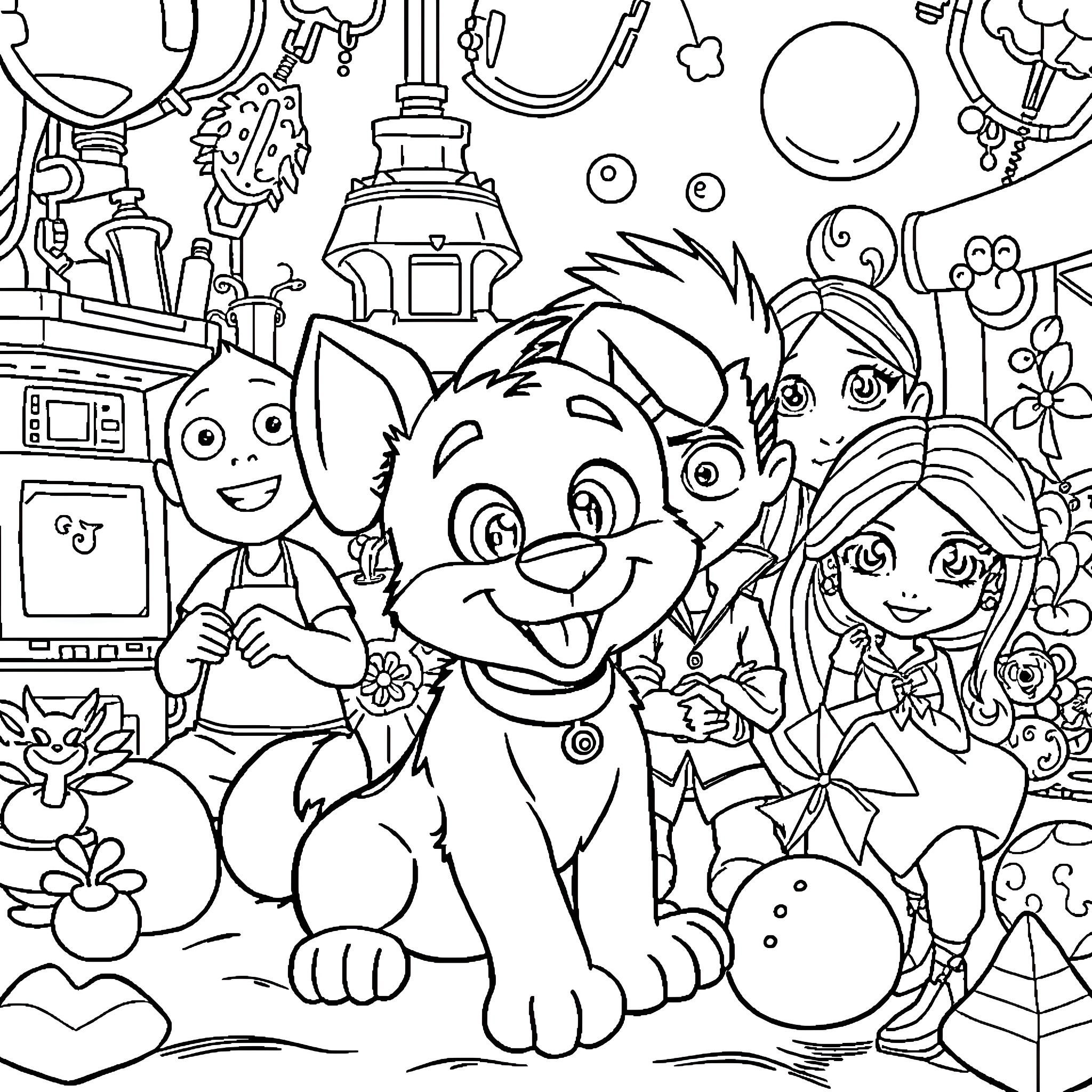 Disney Characters in Whimsical Adventure Coloring Page (free black-and-white line drawing printable PDF for all, from beginners to advanced learners, including children, teens, adults, and seniors)